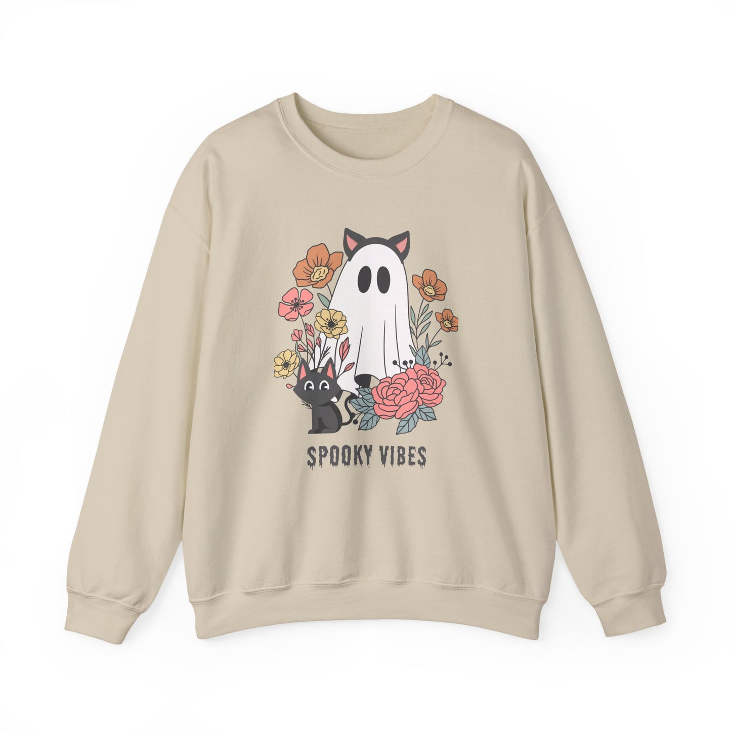 Spooky Vibes Crewneck Sweatshirt | Unisex Cozy Pullover for Fall, Halloween Apparel, Ghost Graphic Sweatshirt, Floral Sweatshirt