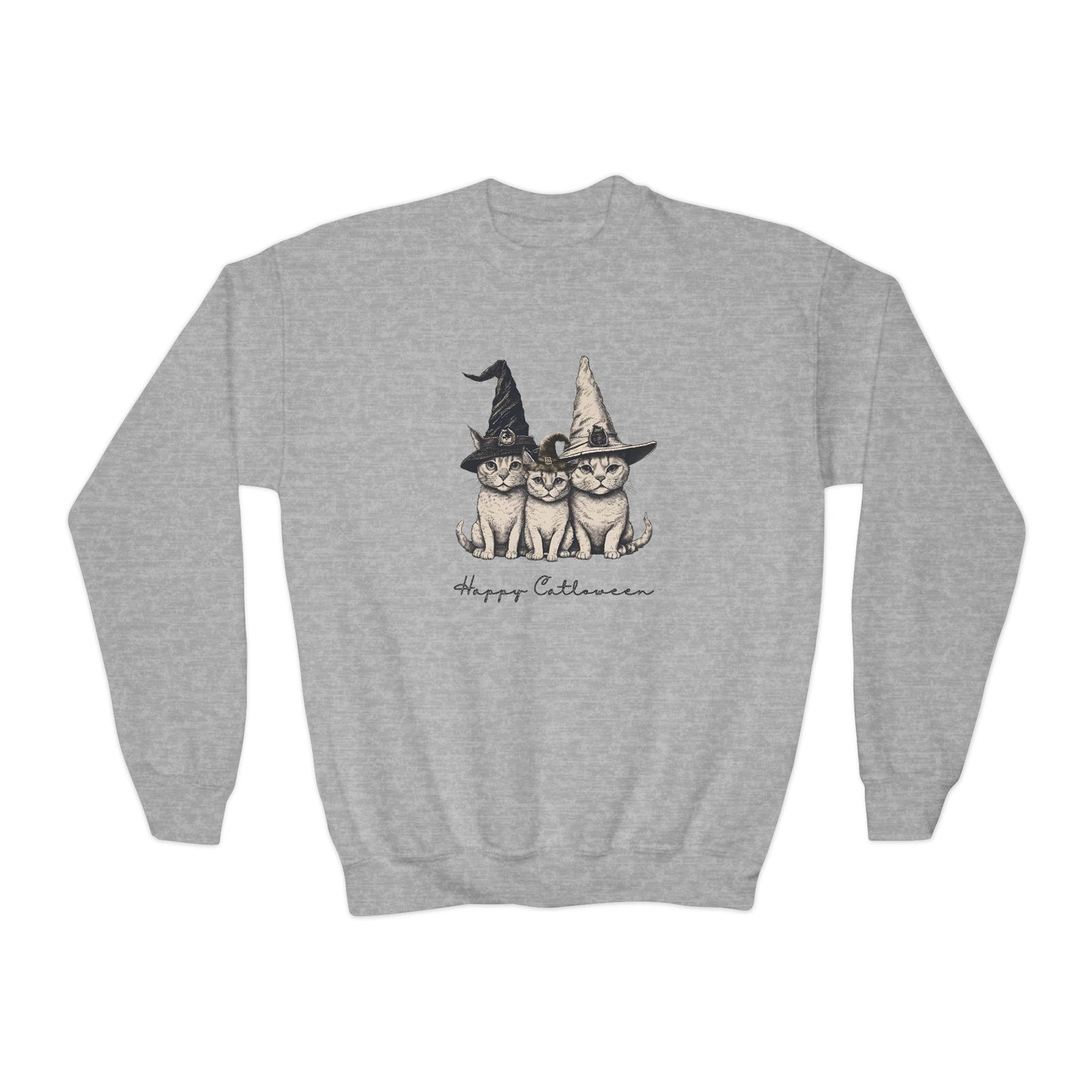 Happy CATLOWEEN Youth Crewneck Sweatshirt, Cozy Fall Apparel, Cute Witch CATs Design, Autumn Gift, Kids Halloween Sweater, Seasonal Fashion
