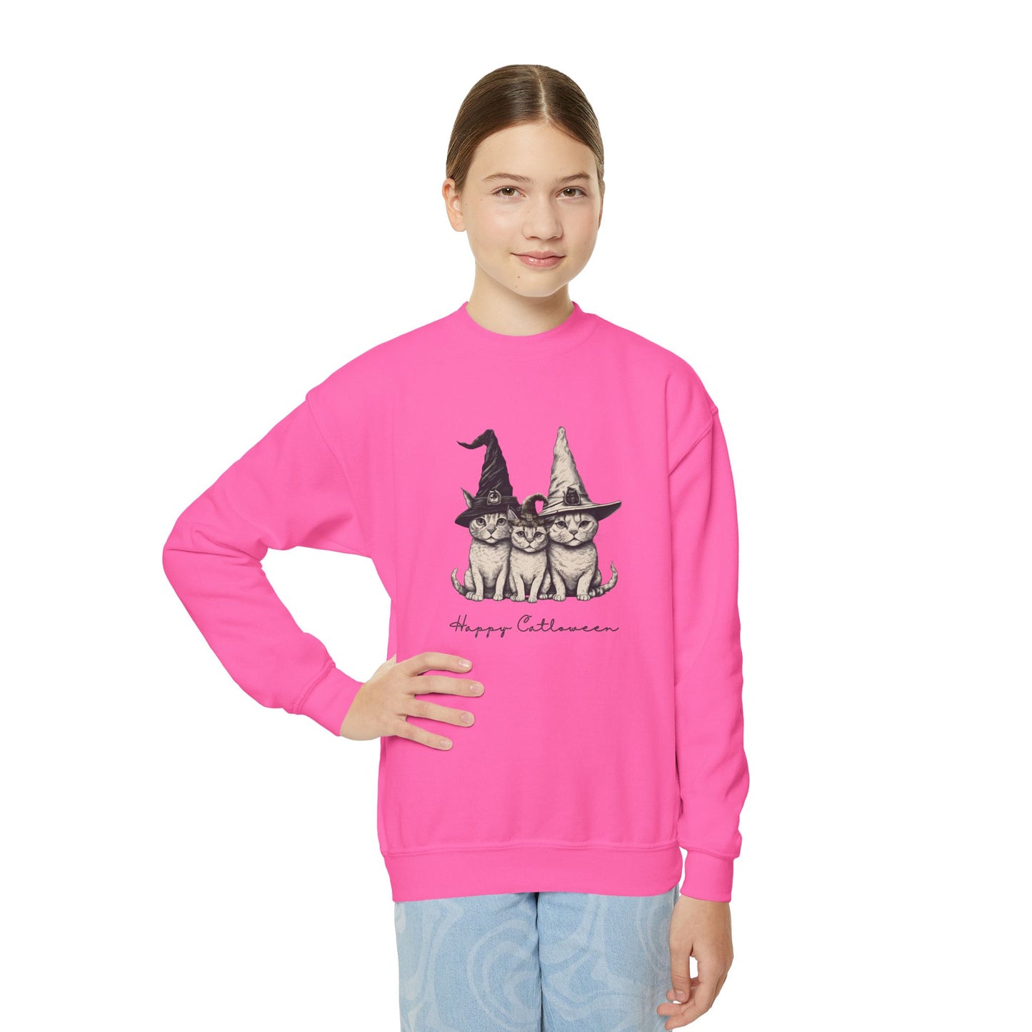 Happy CATLOWEEN Youth Crewneck Sweatshirt, Cozy Fall Apparel, Cute Witch CATs Design, Autumn Gift, Kids Halloween Sweater, Seasonal Fashion