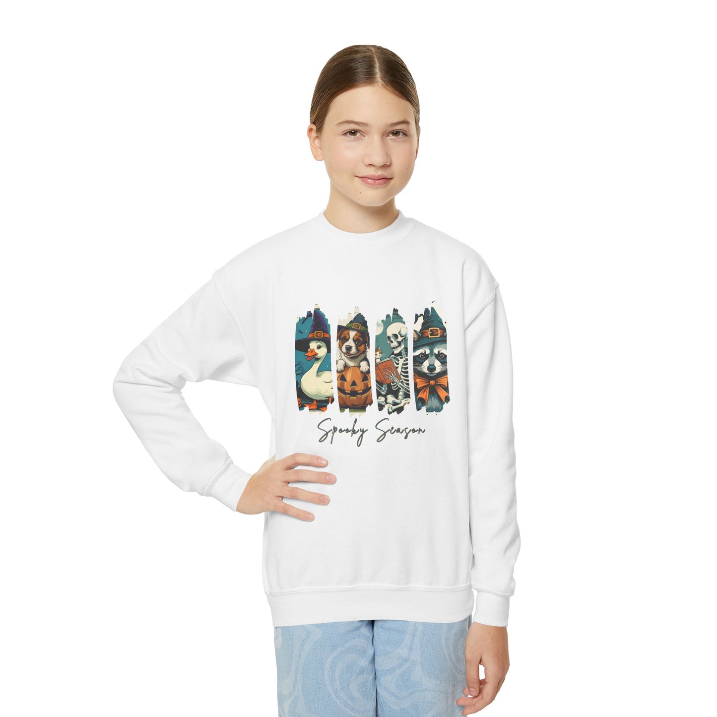 Spooky Season Youth Crewneck Sweatshirt, Halloween Apparel, Kids Sweatshirt, Cozy Fall Fashion, Spooky Sweatshirt for Children