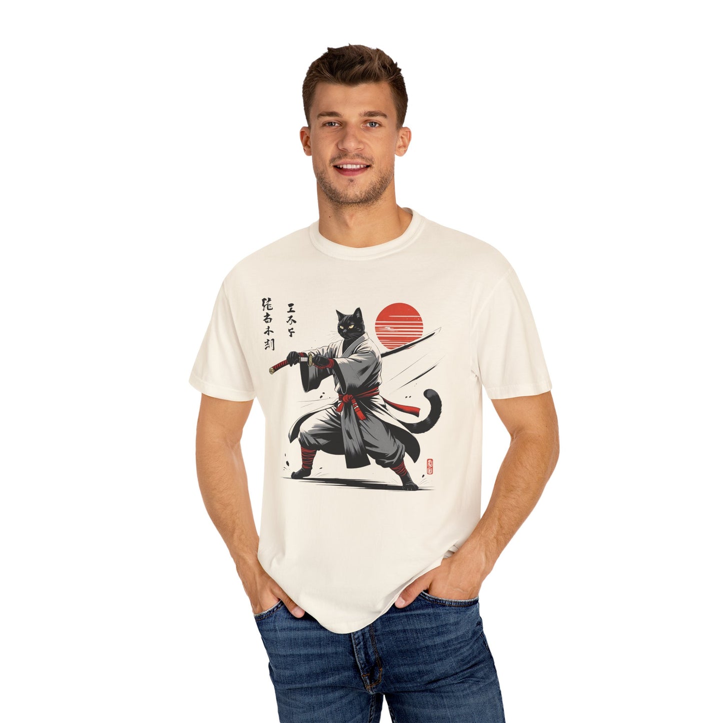 Samurai Cat Youkai T-shirt, Unisex Garment-Dyed Tee, Cat Lover Shirt, Japanese Art Tee, Gifts for Anime Fans, Fun Casual Wear