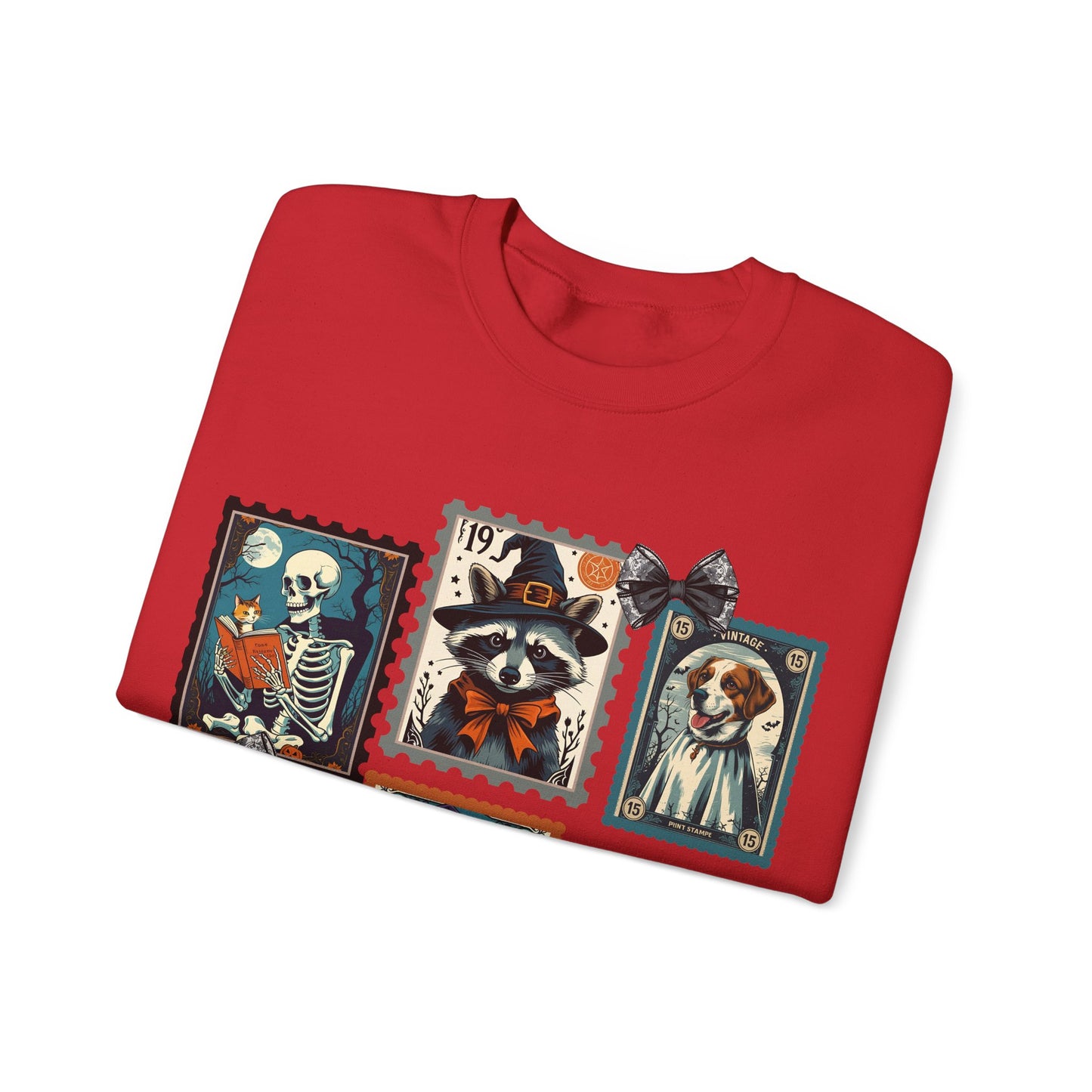 Vintage-Inspired Crewneck Sweatshirt with Spooky Stamp Design, Cozy Fall Apparel, Halloween Fashion, Unisex Sweatshirt, Quirky Gift Idea