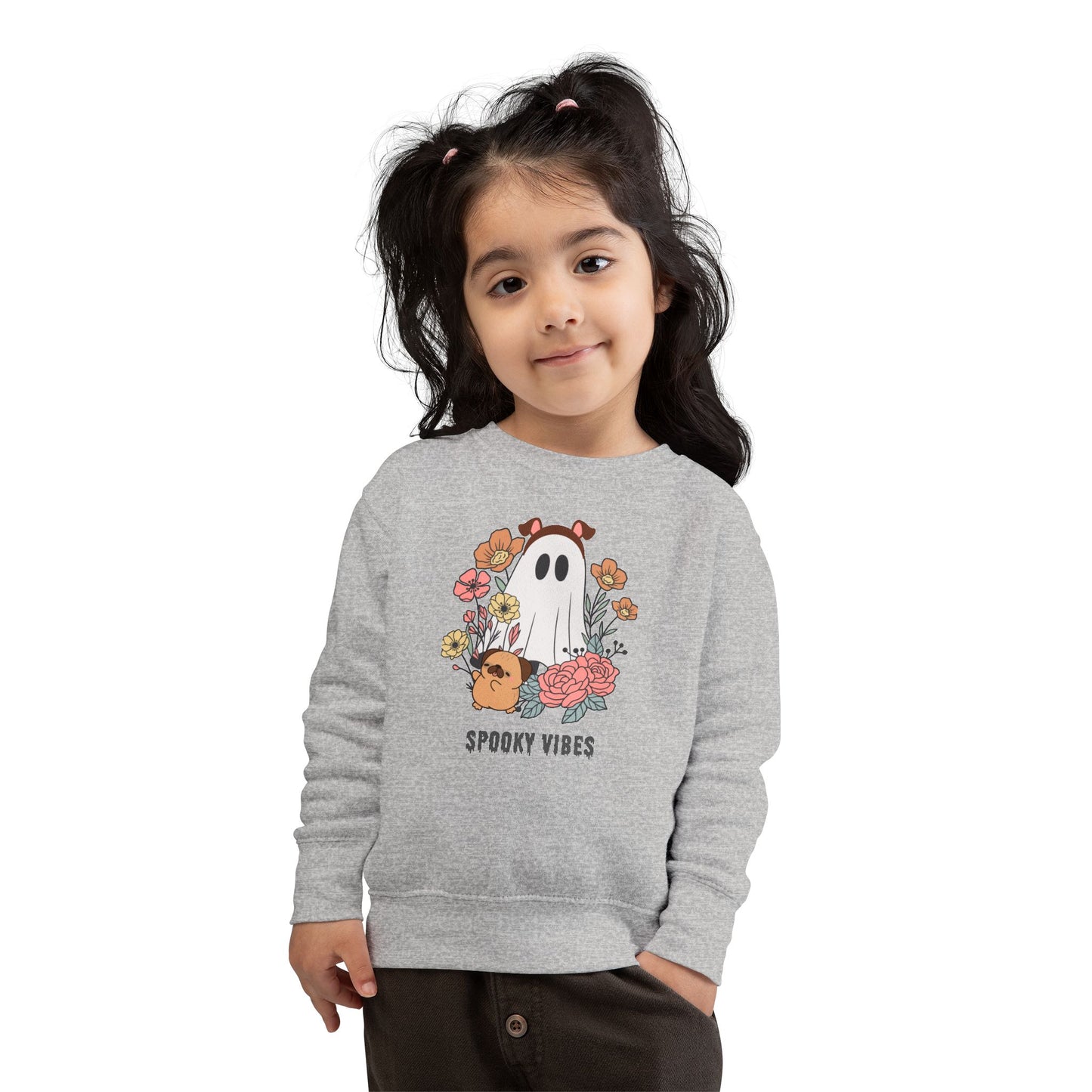 Spooky Vibes Toddler Sweatshirt, Cute Kids' Apparel, Halloween Outfit, Cozy Fall Clothing, Fun Ghost Design, Flower Print