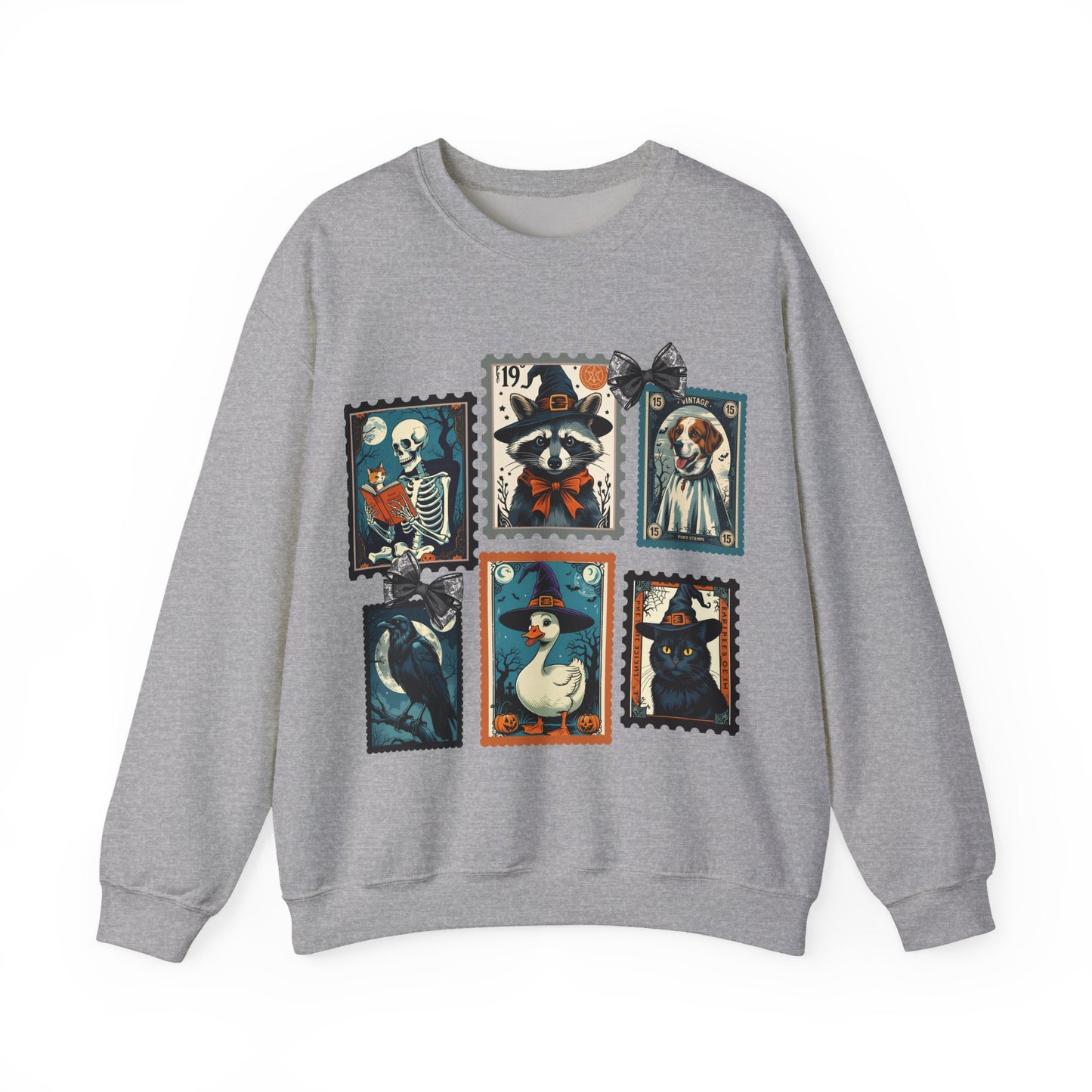Vintage-Inspired Crewneck Sweatshirt with Spooky Stamp Design, Cozy Fall Apparel, Halloween Fashion, Unisex Sweatshirt, Quirky Gift Idea