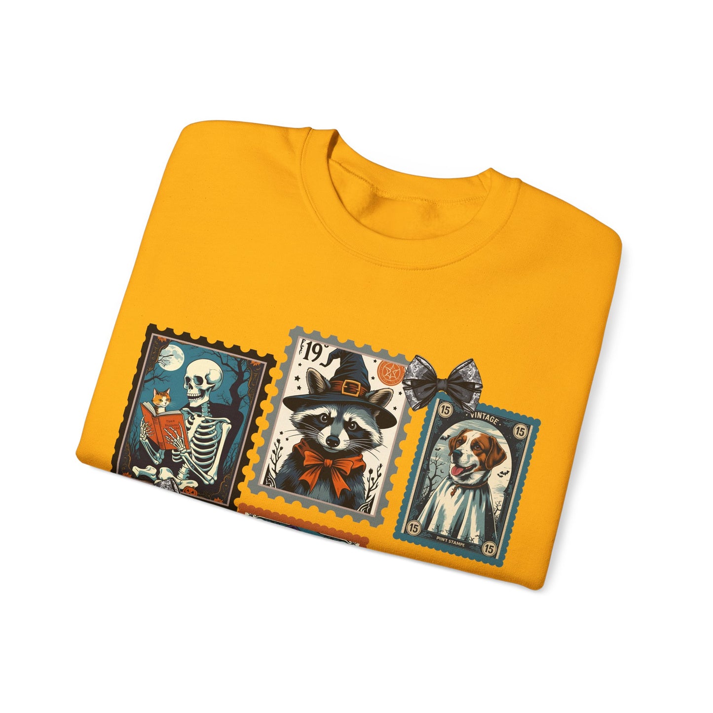 Vintage-Inspired Crewneck Sweatshirt with Spooky Stamp Design, Cozy Fall Apparel, Halloween Fashion, Unisex Sweatshirt, Quirky Gift Idea