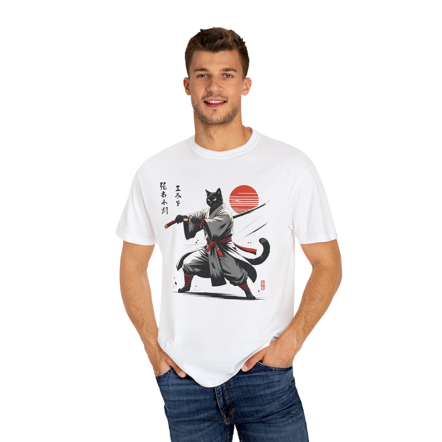 Samurai Cat Youkai T-shirt, Unisex Garment-Dyed Tee, Cat Lover Shirt, Japanese Art Tee, Gifts for Anime Fans, Fun Casual Wear
