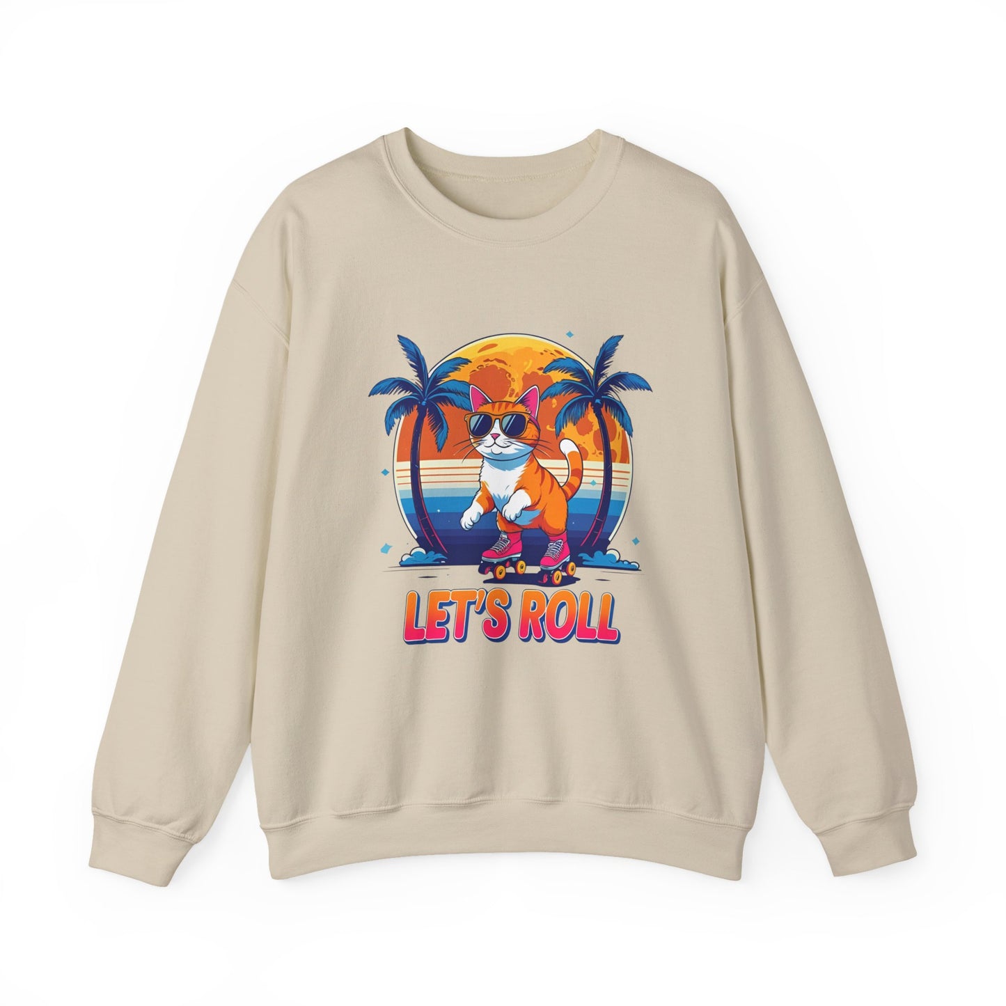 Chill Cat Vibes Crewneck Sweatshirt - Skater Cat Gift, Casual Style, Gift for Cat Lovers, Beach Theme, Summer Fashion, Fun Graphic Sweatshirt
