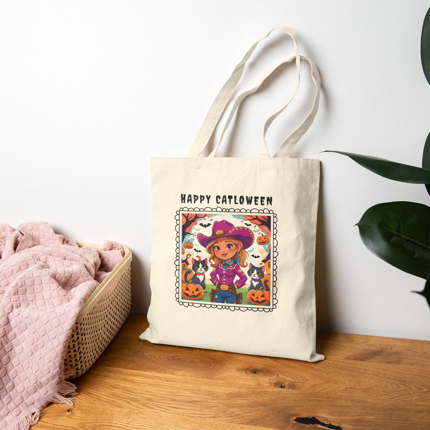 Halloween-Themed Cotton Canvas Tote Bag, Perfect for Trick-or-Treating, Eco-Friendly Shopping, Cute Cowgirl and Cat Design, Fall Decor, Gift for Kids