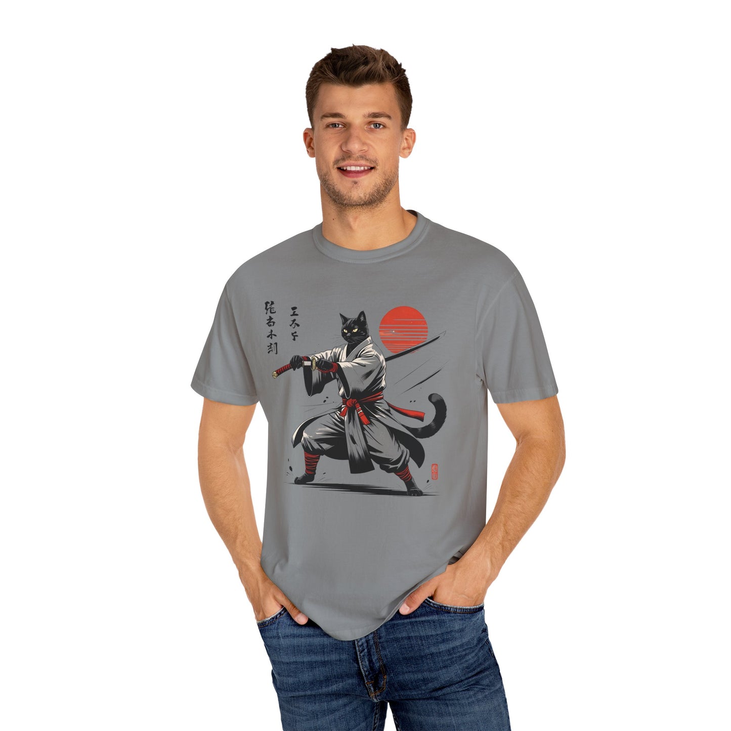 Samurai Cat Youkai T-shirt, Unisex Garment-Dyed Tee, Cat Lover Shirt, Japanese Art Tee, Gifts for Anime Fans, Fun Casual Wear