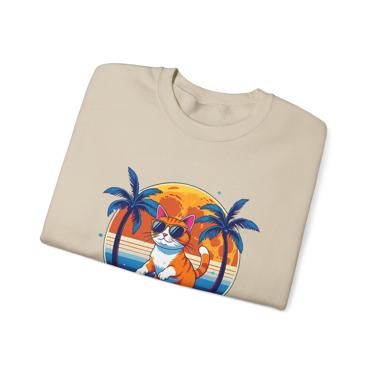 Chill Cat Vibes Crewneck Sweatshirt - Skater Cat Gift, Casual Style, Gift for Cat Lovers, Beach Theme, Summer Fashion, Fun Graphic Sweatshirt