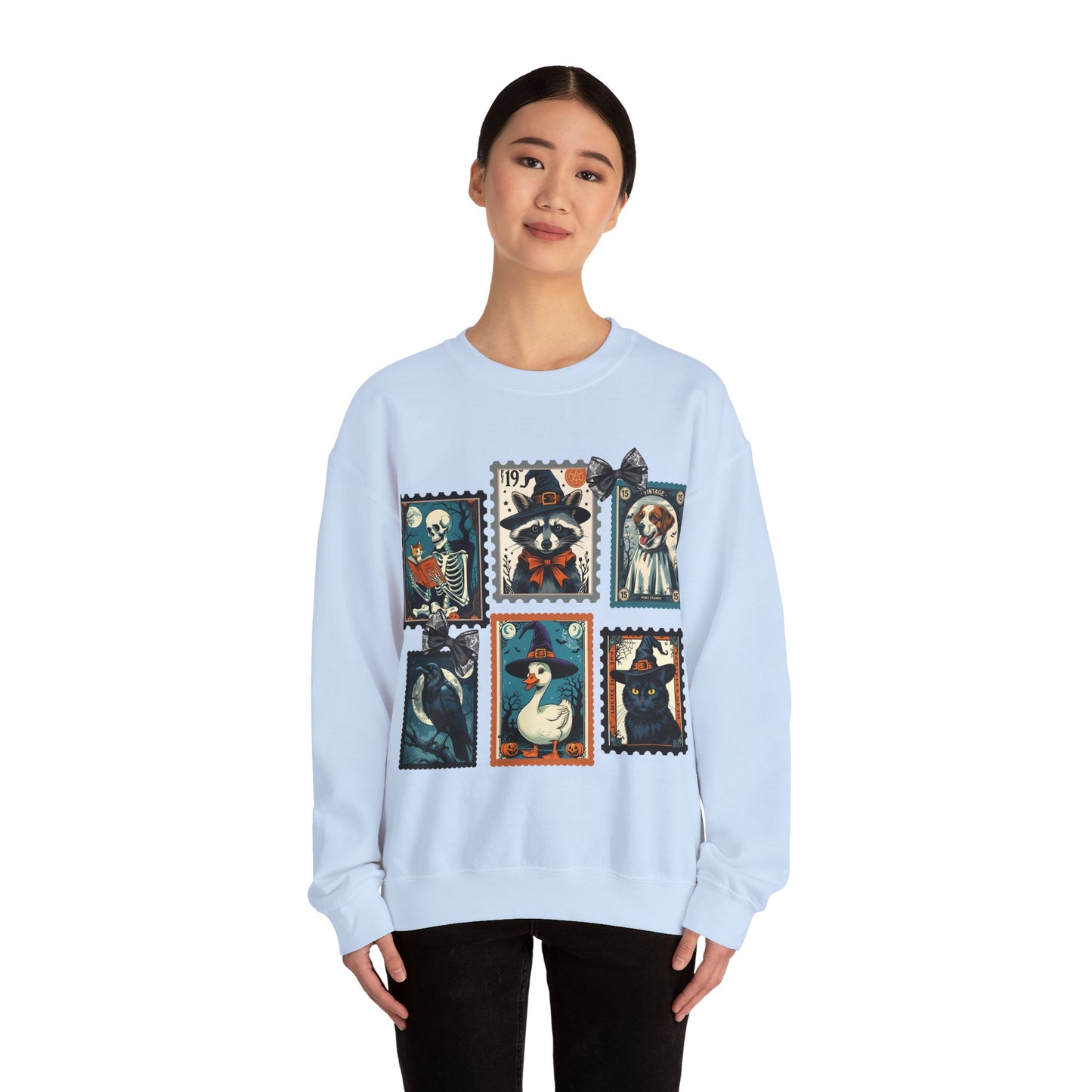 Vintage-Inspired Crewneck Sweatshirt with Spooky Stamp Design, Cozy Fall Apparel, Halloween Fashion, Unisex Sweatshirt, Quirky Gift Idea