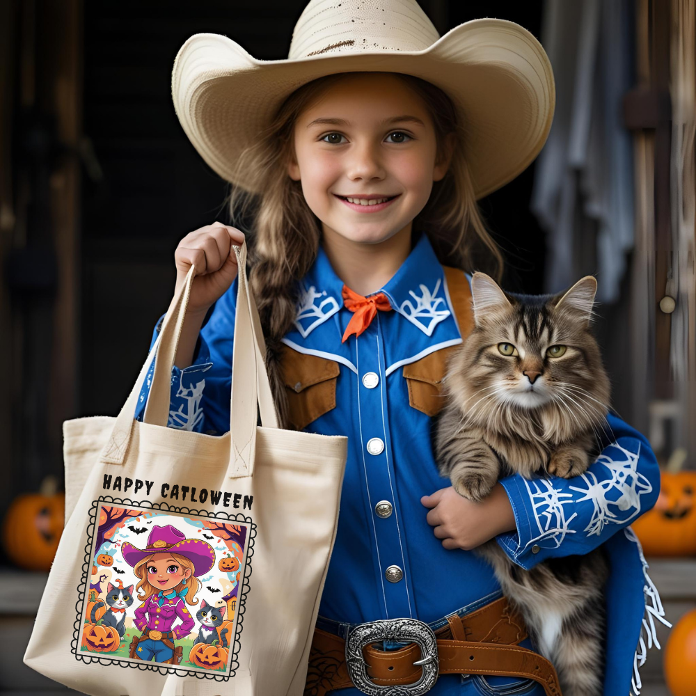 Halloween-Themed Cotton Canvas Tote Bag, Perfect for Trick-or-Treating, Eco-Friendly Shopping, Cute Cowgirl and Cat Design, Fall Decor, Gift for Kids