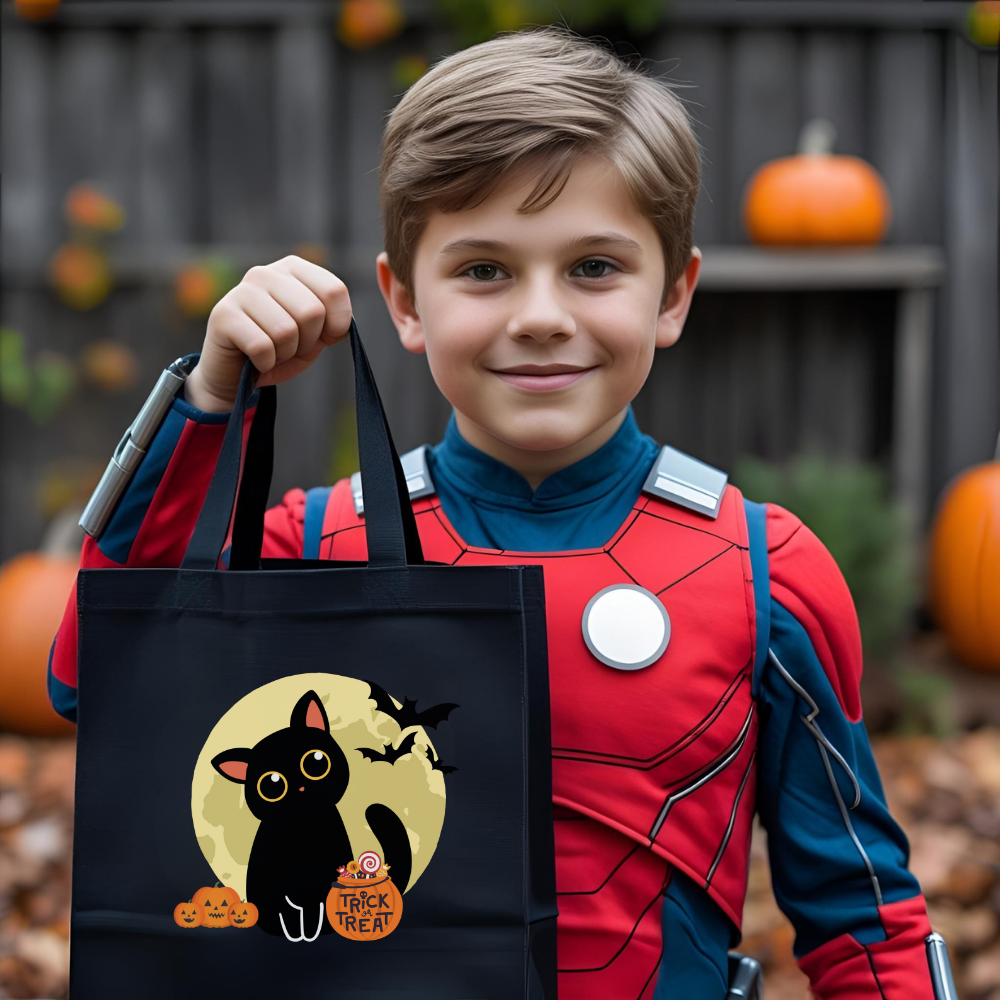 Halloween Cat Tote Bag, Cute Trick or Treat Canvas Bag, Black Cat Shopping Bag, Eco-Friendly Halloween Gift, Fall Accessories