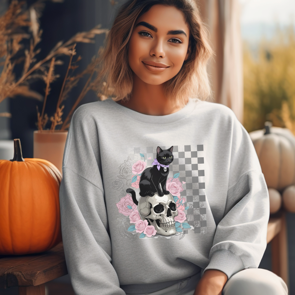 Gothic Cat Sweatshirt - Unisex Heavy Blend™ Crewneck, Cozy Gift for Cat Lovers, Halloween Apparel, Casual Wear, Unique Design