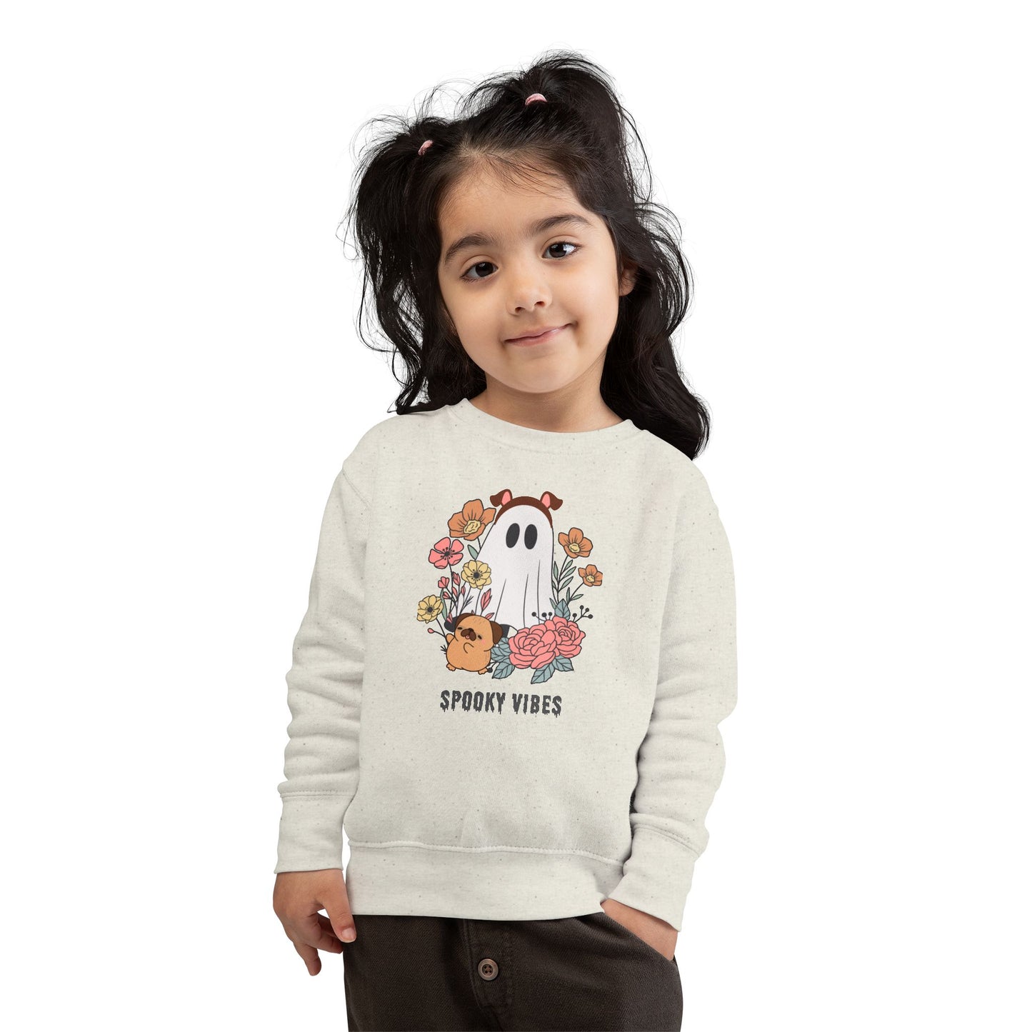 Spooky Vibes Toddler Sweatshirt, Cute Kids' Apparel, Halloween Outfit, Cozy Fall Clothing, Fun Ghost Design, Flower Print