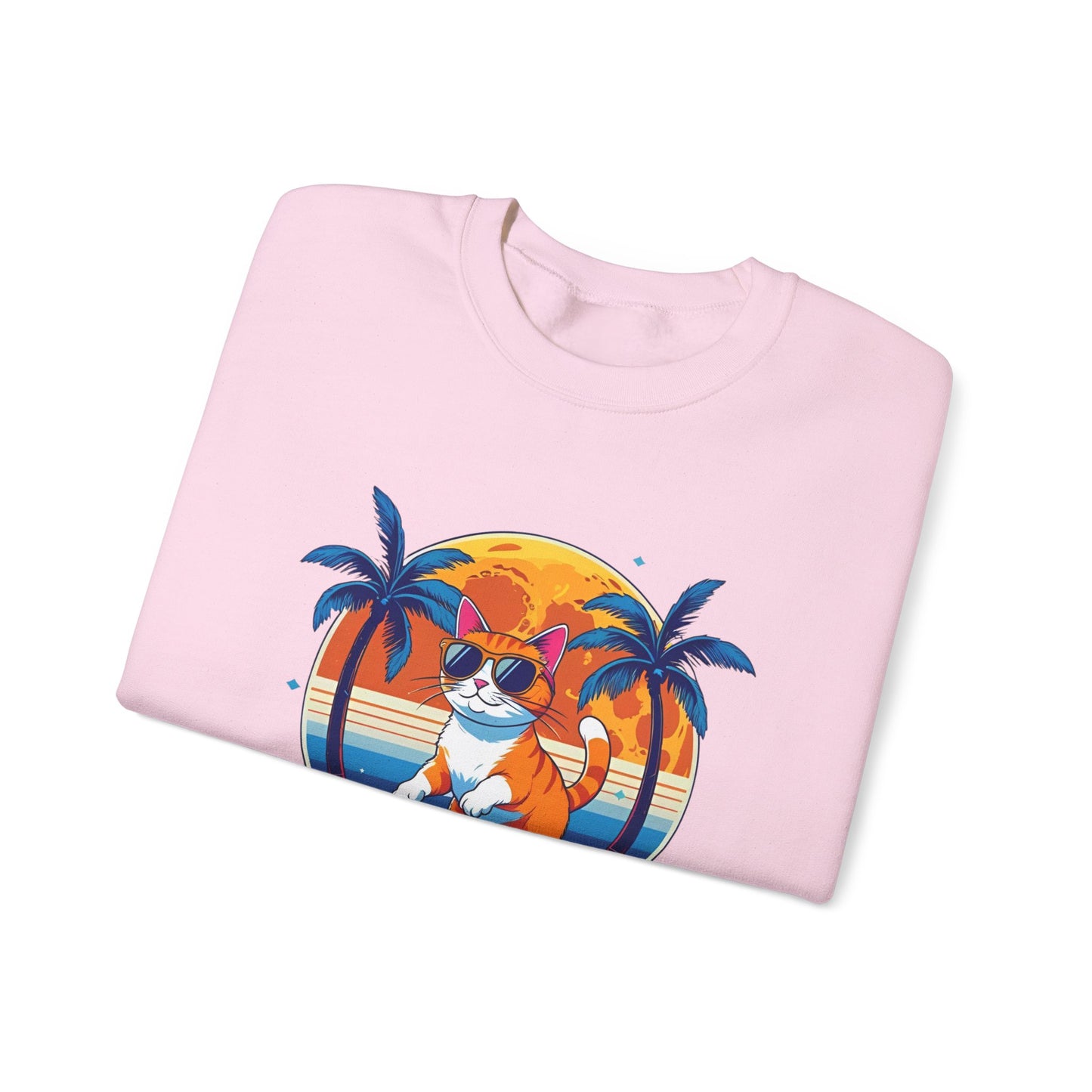 Chill Cat Vibes Crewneck Sweatshirt - Skater Cat Gift, Casual Style, Gift for Cat Lovers, Beach Theme, Summer Fashion, Fun Graphic Sweatshirt