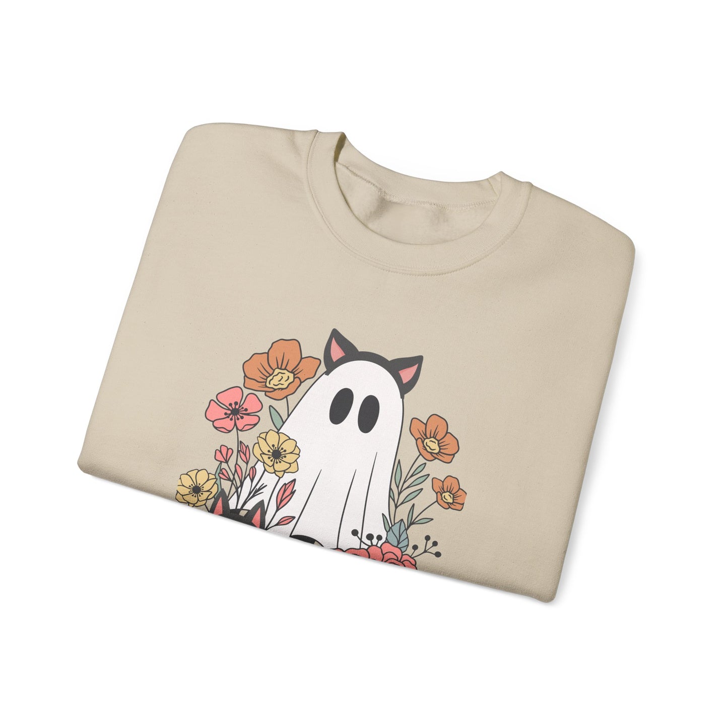 Spooky Vibes Crewneck Sweatshirt | Unisex Cozy Pullover for Fall, Halloween Apparel, Ghost Graphic Sweatshirt, Floral Sweatshirt