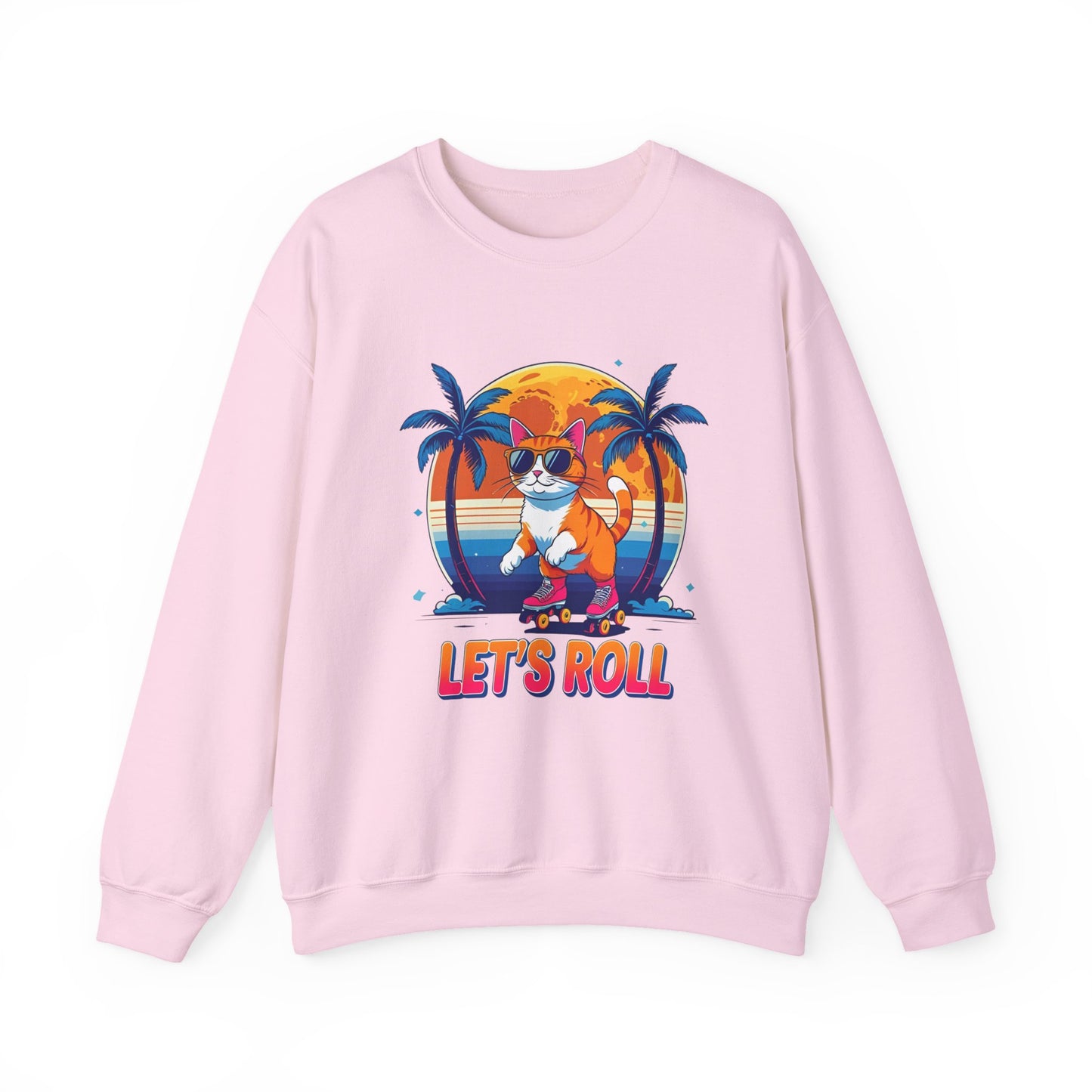 Chill Cat Vibes Crewneck Sweatshirt - Skater Cat Gift, Casual Style, Gift for Cat Lovers, Beach Theme, Summer Fashion, Fun Graphic Sweatshirt