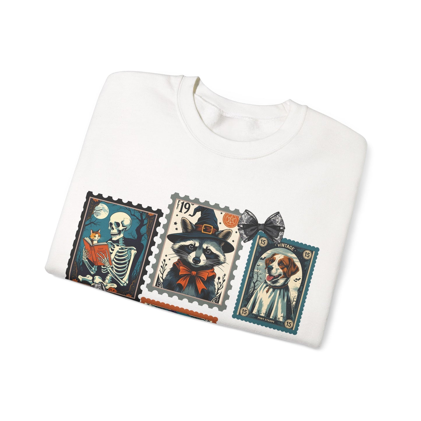 Vintage-Inspired Crewneck Sweatshirt with Spooky Stamp Design, Cozy Fall Apparel, Halloween Fashion, Unisex Sweatshirt, Quirky Gift Idea