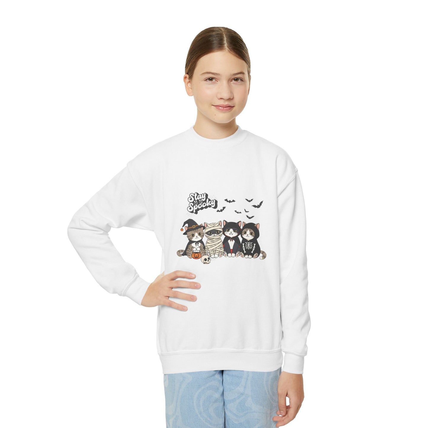 Spooky Crewneck Sweatshirt for Kids, Halloween Kids Sweatshirt, Cute Cat and Owl Design, Cozy Youth Sweater, Gift for Children