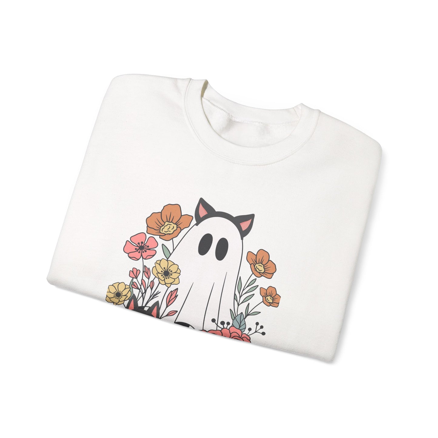 Spooky Vibes Crewneck Sweatshirt | Unisex Cozy Pullover for Fall, Halloween Apparel, Ghost Graphic Sweatshirt, Floral Sweatshirt