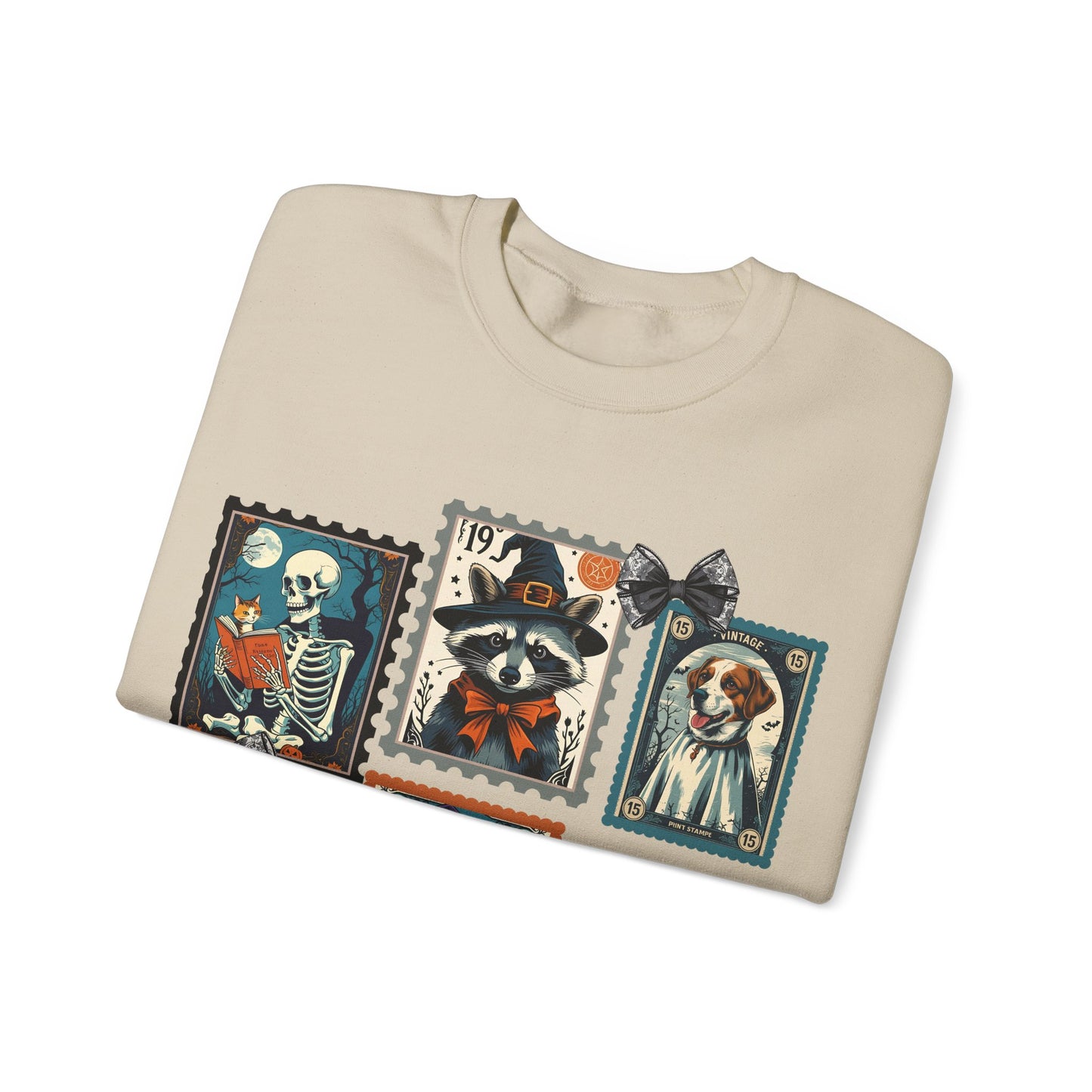 Vintage-Inspired Crewneck Sweatshirt with Spooky Stamp Design, Cozy Fall Apparel, Halloween Fashion, Unisex Sweatshirt, Quirky Gift Idea