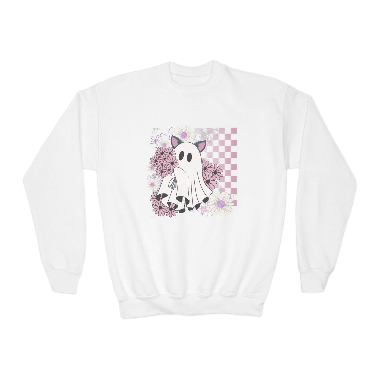 Cute Ghost Floral Sweatshirt for Kids, Youth Crewneck, Halloween Gift, Cozy Pullover, Fun Layering Piece, Ideal for Fall Celebrations