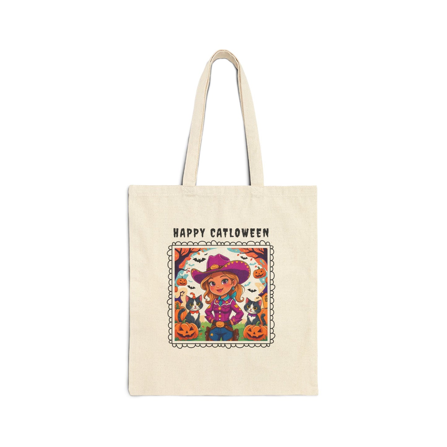 Halloween-Themed Cotton Canvas Tote Bag, Perfect for Trick-or-Treating, Eco-Friendly Shopping, Cute Cowgirl and Cat Design, Fall Decor, Gift for Kids