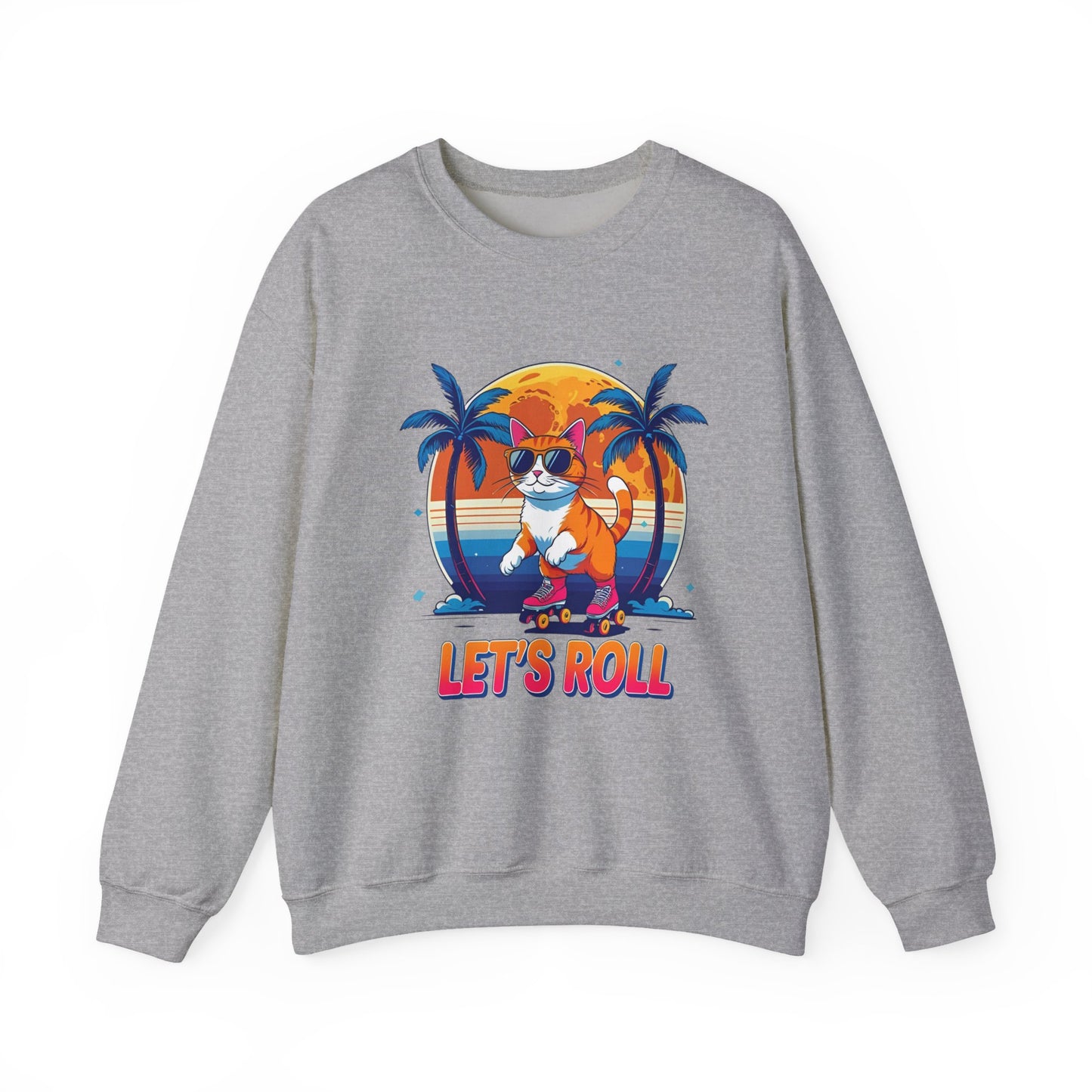 Chill Cat Vibes Crewneck Sweatshirt - Skater Cat Gift, Casual Style, Gift for Cat Lovers, Beach Theme, Summer Fashion, Fun Graphic Sweatshirt