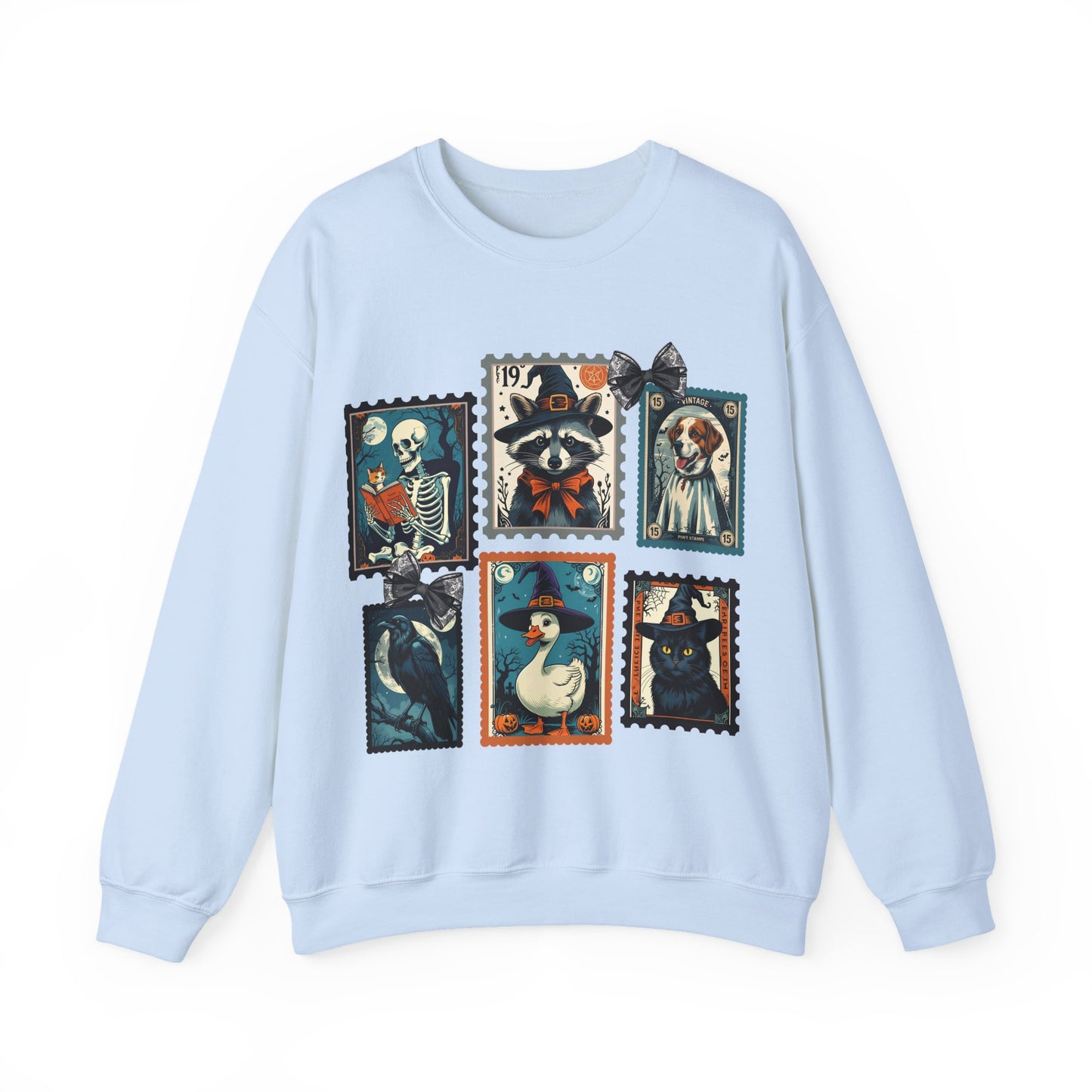 Vintage-Inspired Crewneck Sweatshirt with Spooky Stamp Design, Cozy Fall Apparel, Halloween Fashion, Unisex Sweatshirt, Quirky Gift Idea