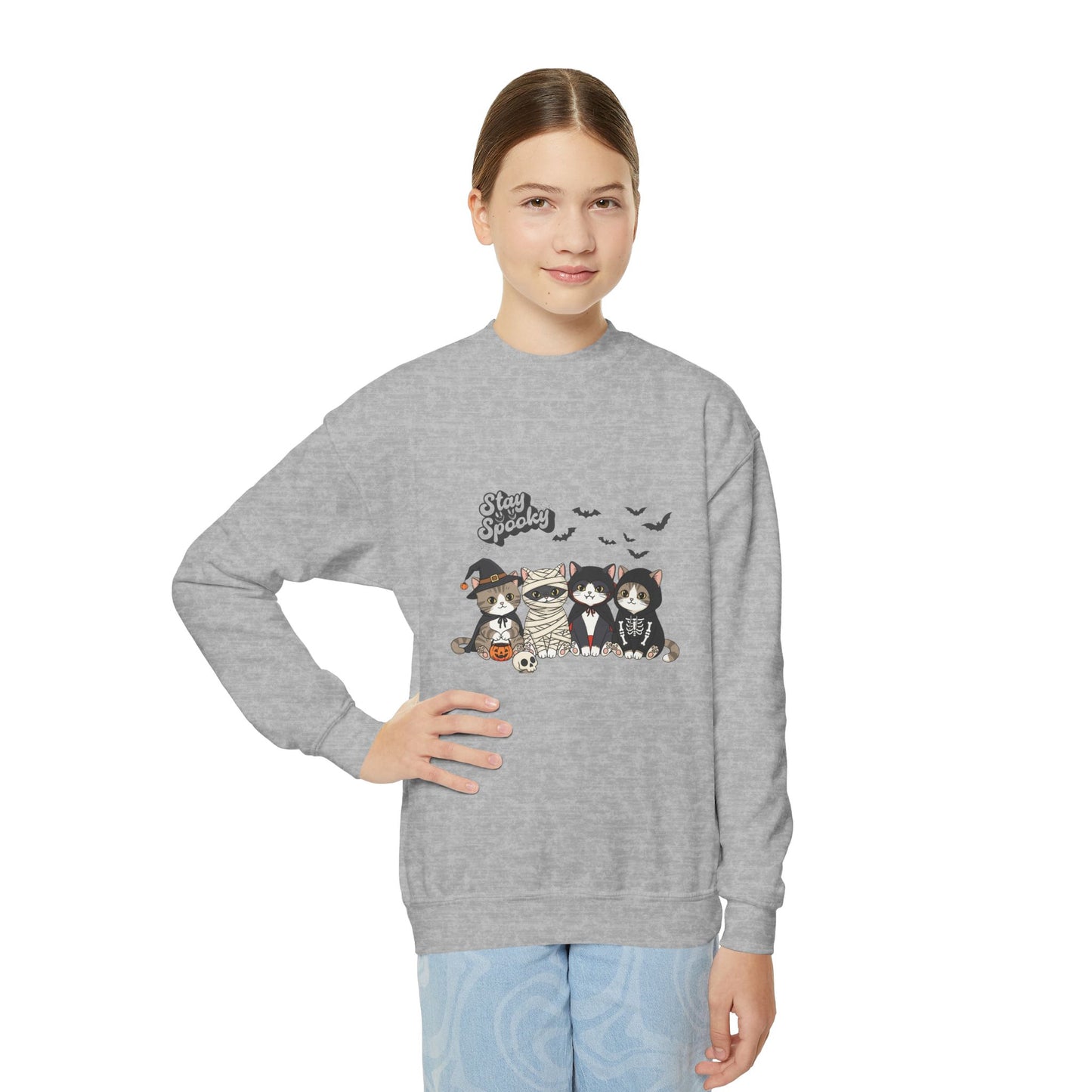 Spooky Crewneck Sweatshirt for Kids, Halloween Kids Sweatshirt, Cute Cat and Owl Design, Cozy Youth Sweater, Gift for Children