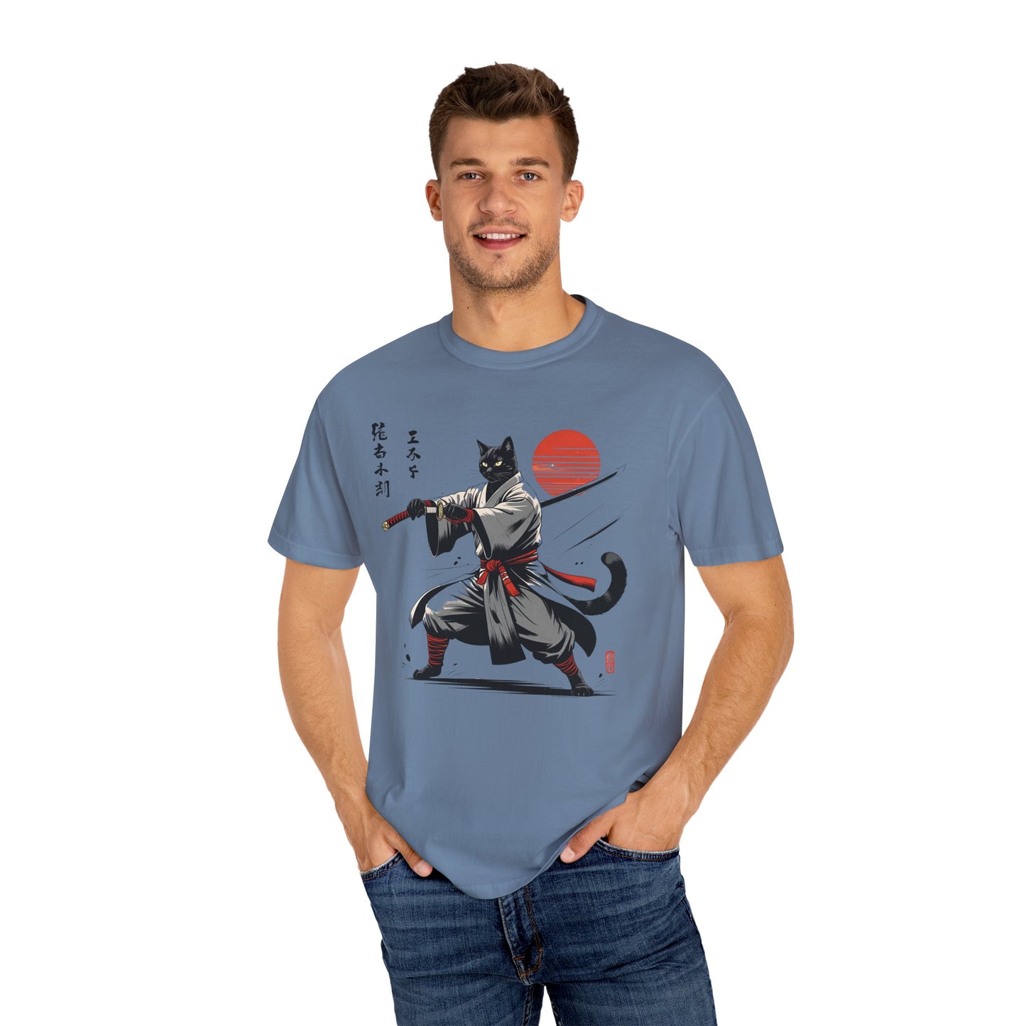 Samurai Cat Youkai T-shirt, Unisex Garment-Dyed Tee, Cat Lover Shirt, Japanese Art Tee, Gifts for Anime Fans, Fun Casual Wear