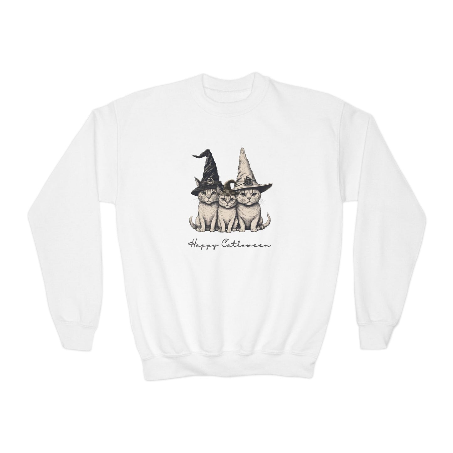 Happy CATLOWEEN Youth Crewneck Sweatshirt, Cozy Fall Apparel, Cute Witch CATs Design, Autumn Gift, Kids Halloween Sweater, Seasonal Fashion
