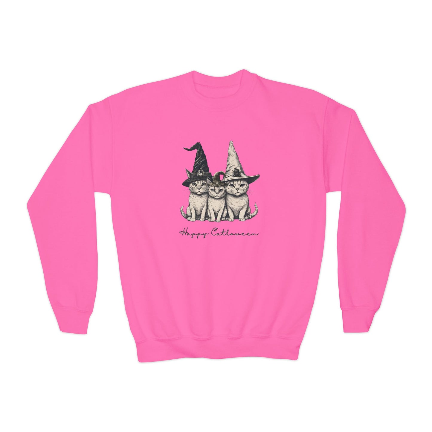 Happy CATLOWEEN Youth Crewneck Sweatshirt, Cozy Fall Apparel, Cute Witch CATs Design, Autumn Gift, Kids Halloween Sweater, Seasonal Fashion