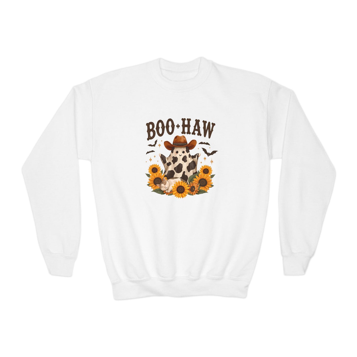 Youth Cowpoke Crewneck Sweatshirt - Autumn Vibes, BOO-HAW Graphic, Perfect for Halloween, Fall Celebrations, Cozy Outfits, Gift for Kids