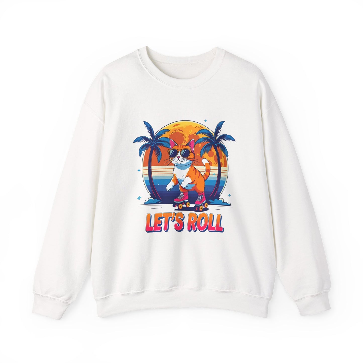 Chill Cat Vibes Crewneck Sweatshirt - Skater Cat Gift, Casual Style, Gift for Cat Lovers, Beach Theme, Summer Fashion, Fun Graphic Sweatshirt
