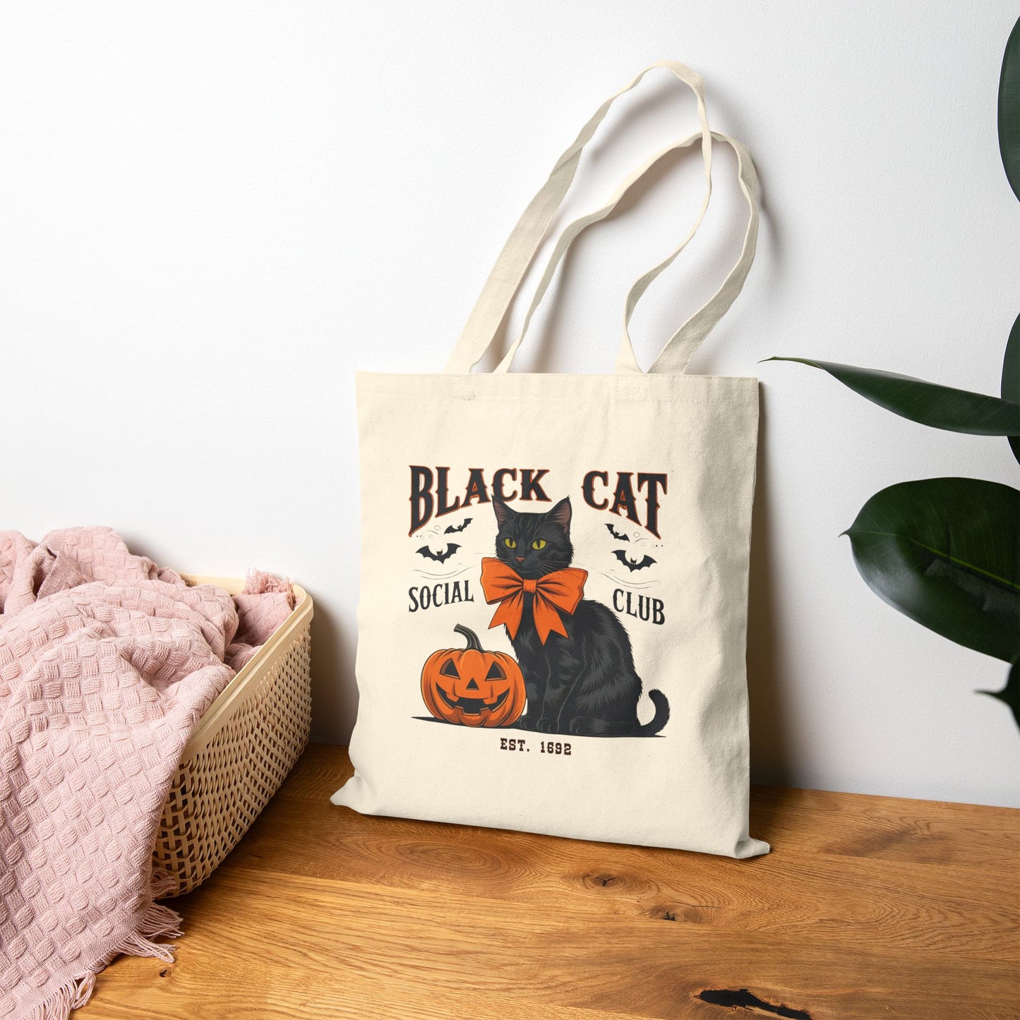 Halloween Black Cat Canvas Tote Bag, Black Cat Social Club Bag, Gift for Cat Lovers, Reusable Shopping Bag, Fall Decor