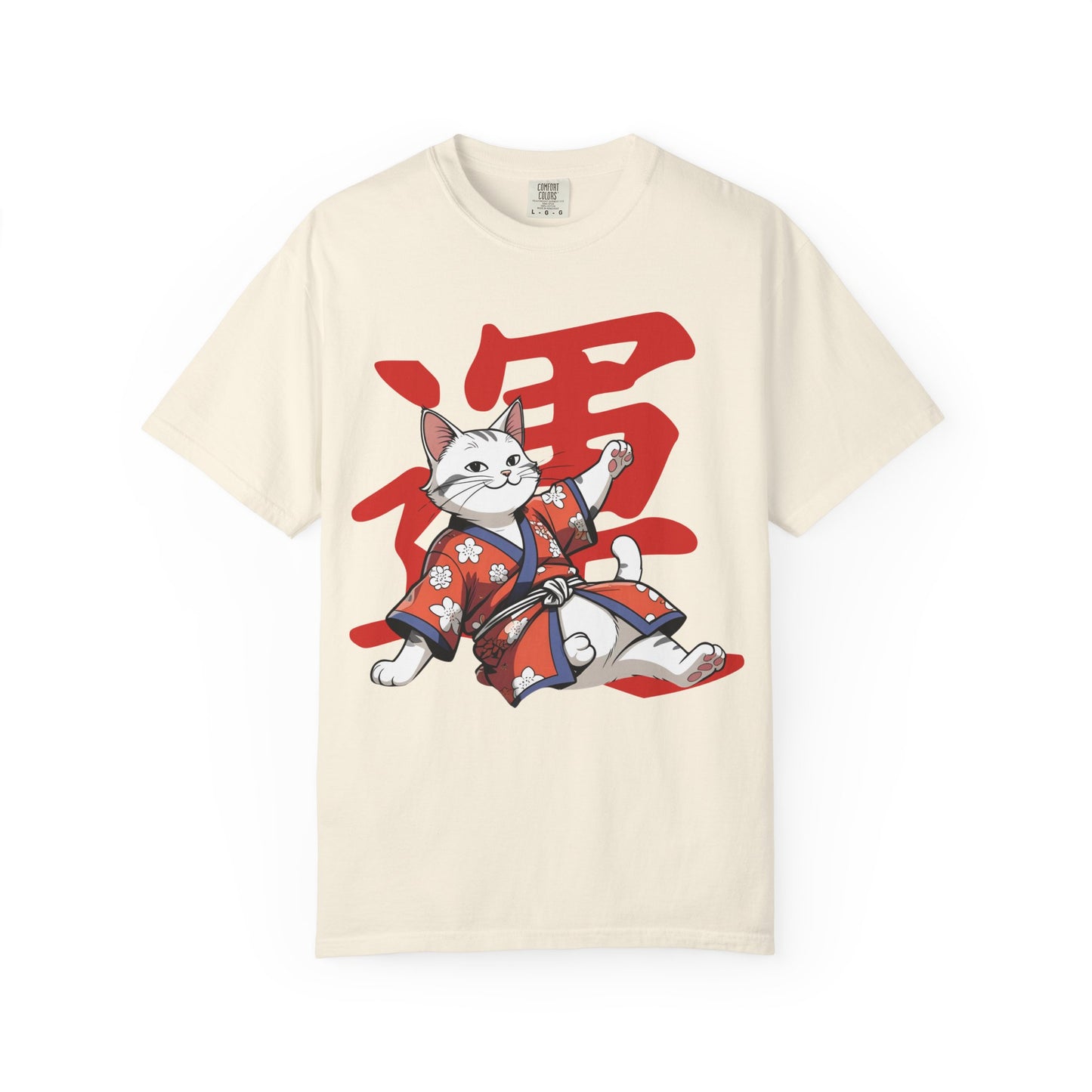 Lucky Cat T-Shirt, Garment-Dyed Tee, Cute Cat Apparel, Japanese Style Shirt, Cat Lover Gift, Casual Wear