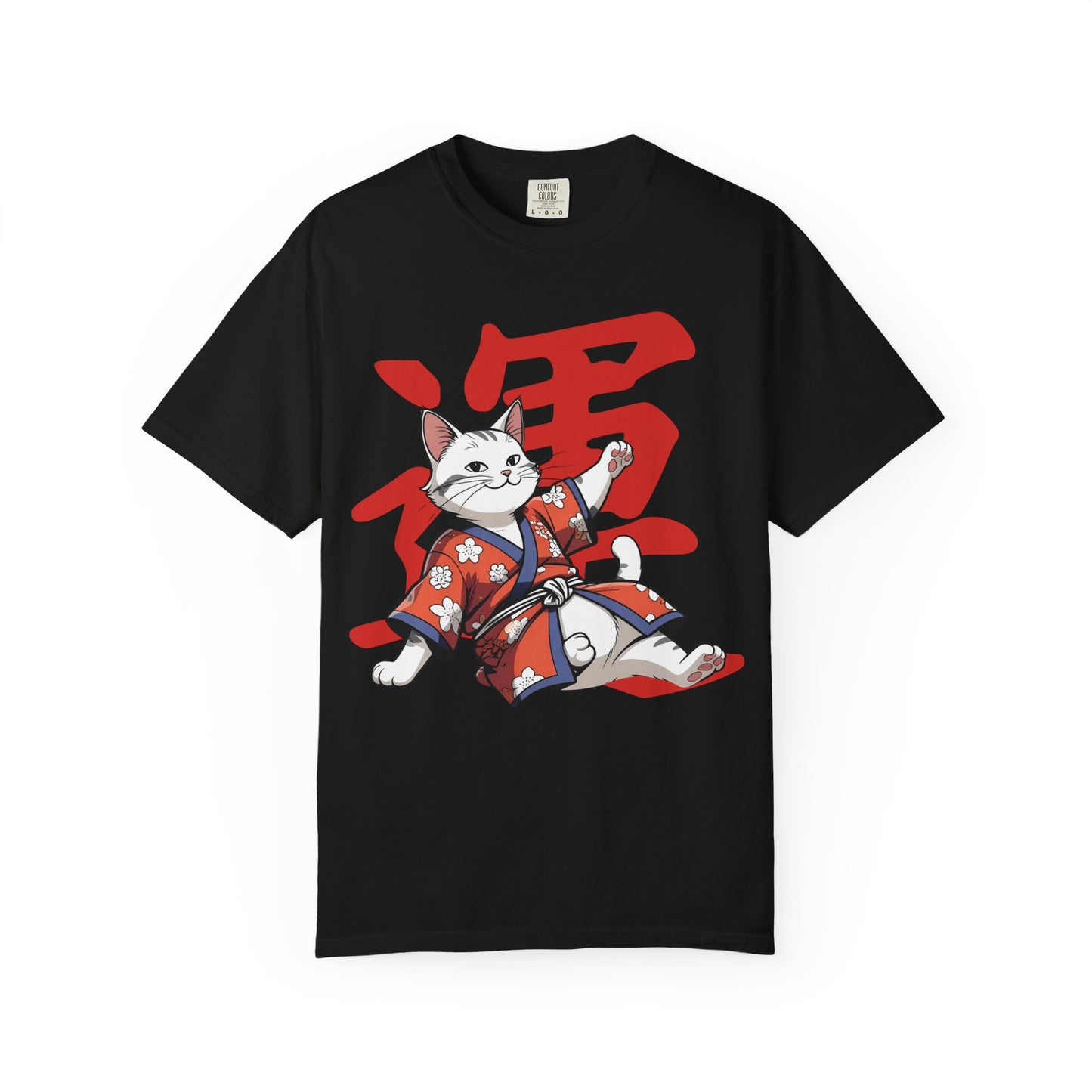 Lucky Cat T-Shirt, Garment-Dyed Tee, Cute Cat Apparel, Japanese Style Shirt, Cat Lover Gift, Casual Wear