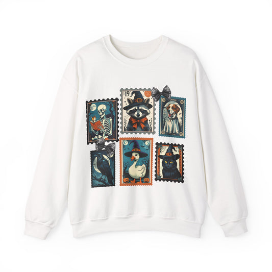 Vintage-Inspired Crewneck Sweatshirt with Spooky Stamp Design, Cozy Fall Apparel, Halloween Fashion, Unisex Sweatshirt, Quirky Gift Idea