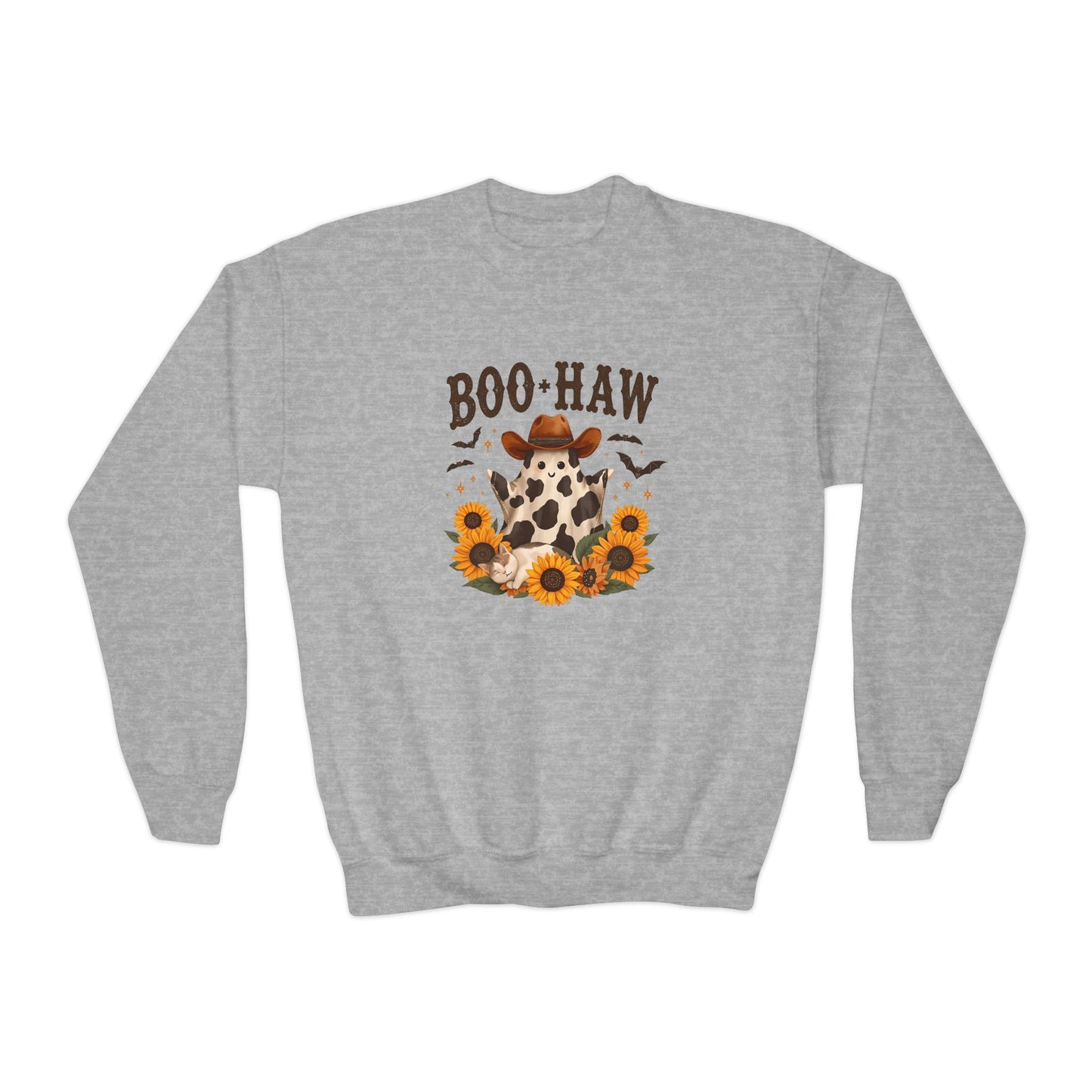 Youth Cowpoke Crewneck Sweatshirt - Autumn Vibes, BOO-HAW Graphic, Perfect for Halloween, Fall Celebrations, Cozy Outfits, Gift for Kids