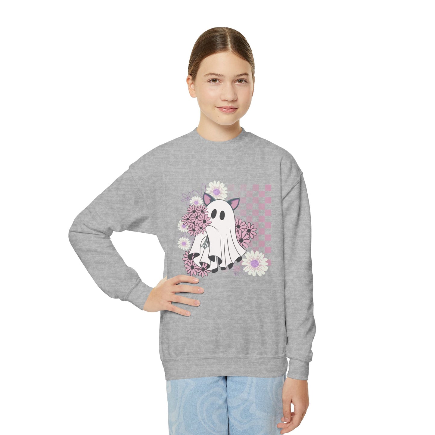 Cute Ghost Floral Sweatshirt for Kids, Youth Crewneck, Halloween Gift, Cozy Pullover, Fun Layering Piece, Ideal for Fall Celebrations