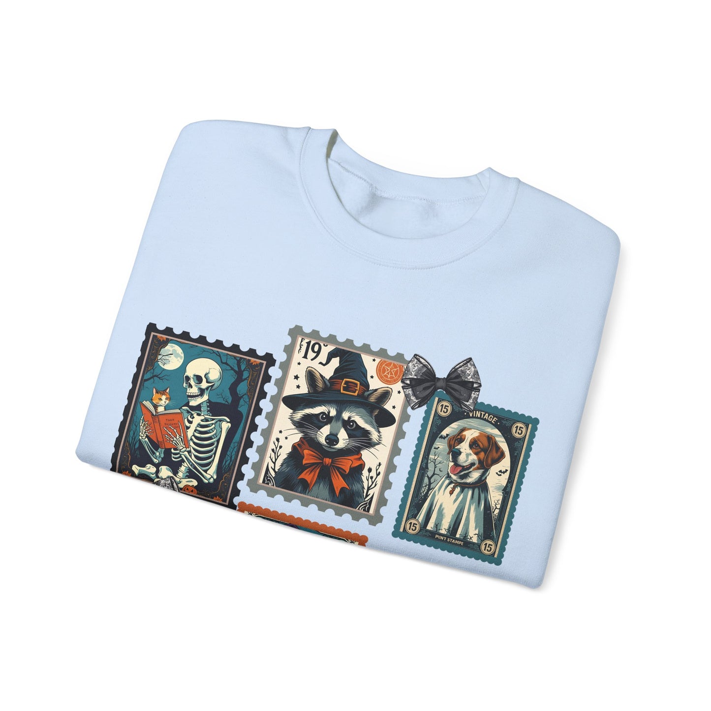 Vintage-Inspired Crewneck Sweatshirt with Spooky Stamp Design, Cozy Fall Apparel, Halloween Fashion, Unisex Sweatshirt, Quirky Gift Idea