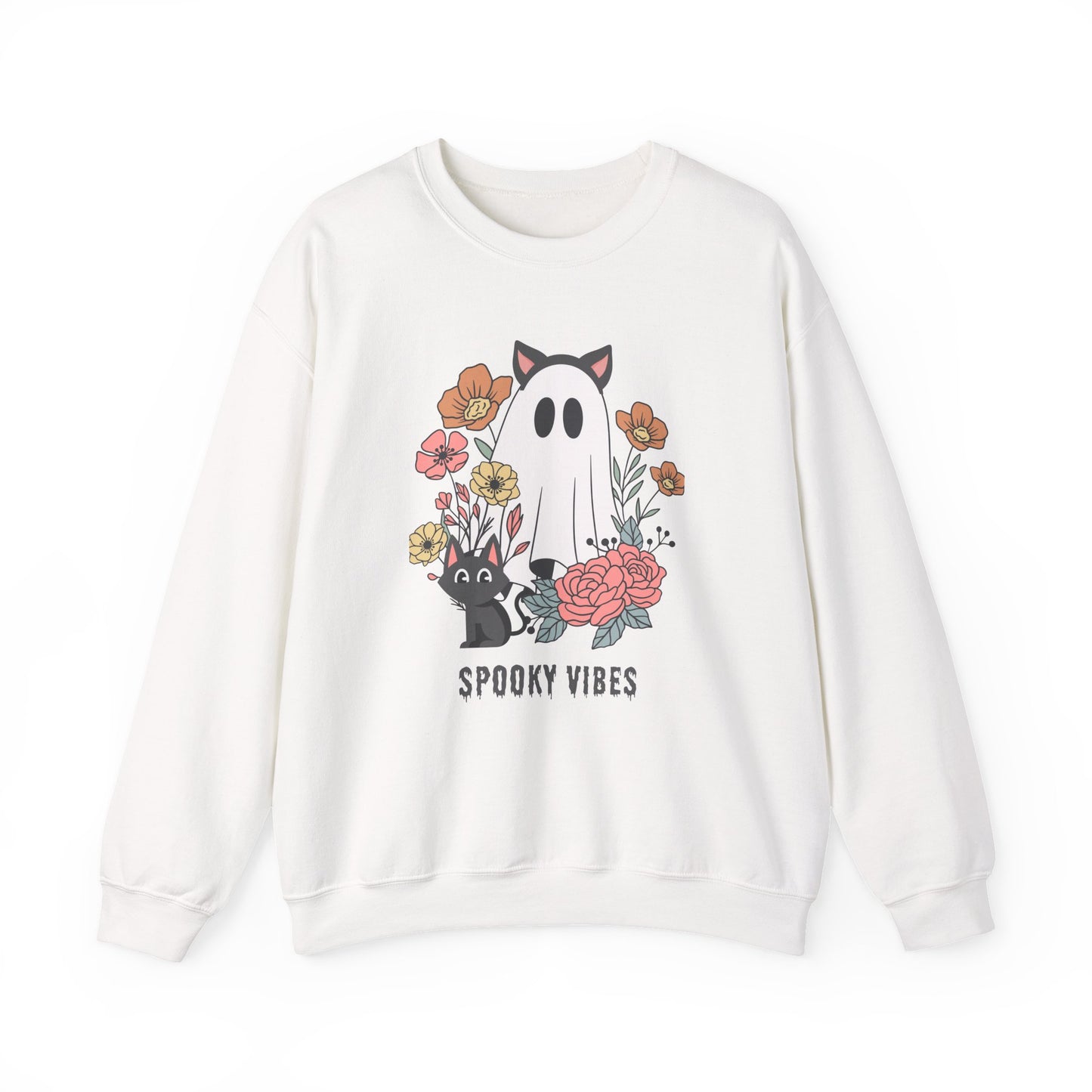 Spooky Vibes Crewneck Sweatshirt | Unisex Cozy Pullover for Fall, Halloween Apparel, Ghost Graphic Sweatshirt, Floral Sweatshirt