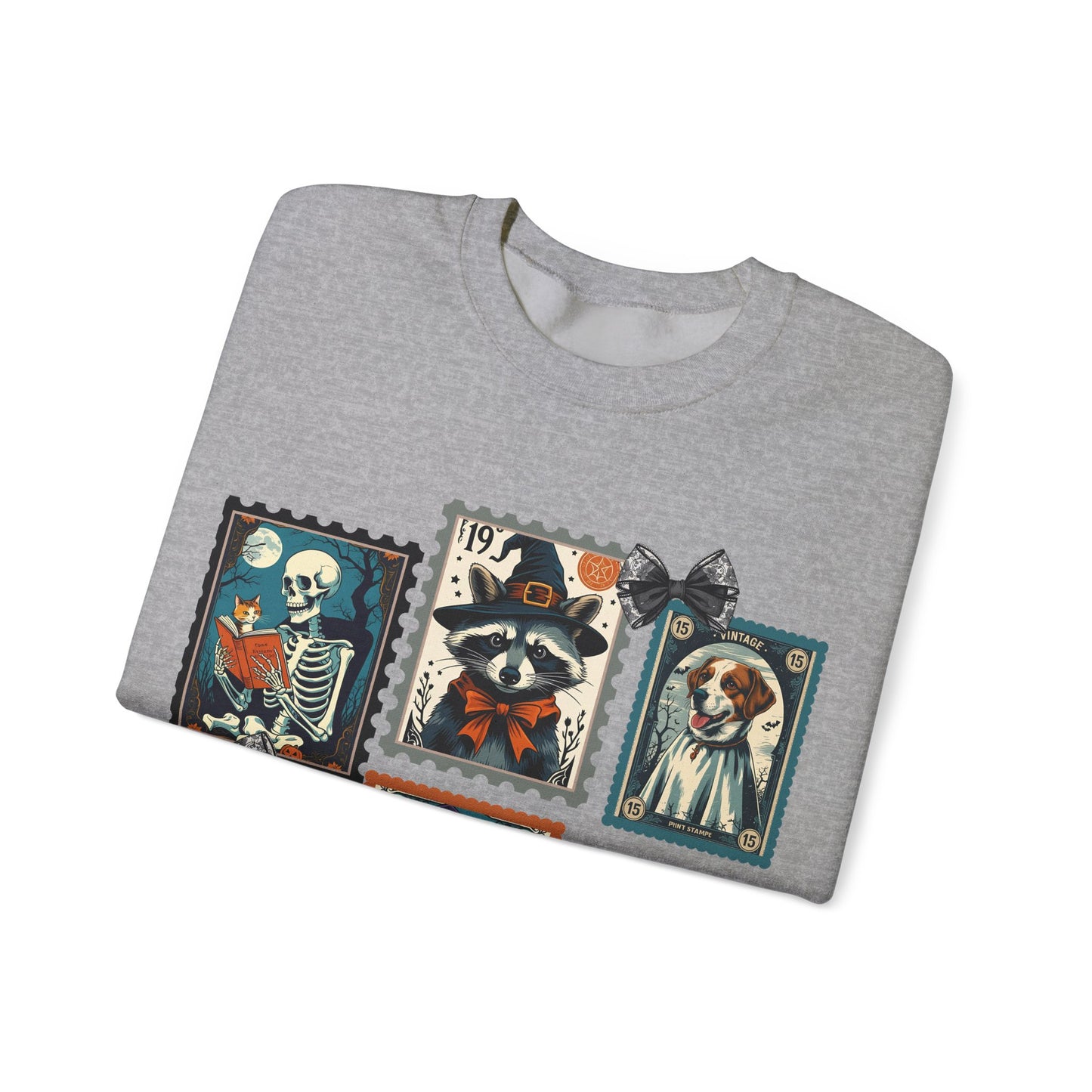 Vintage-Inspired Crewneck Sweatshirt with Spooky Stamp Design, Cozy Fall Apparel, Halloween Fashion, Unisex Sweatshirt, Quirky Gift Idea