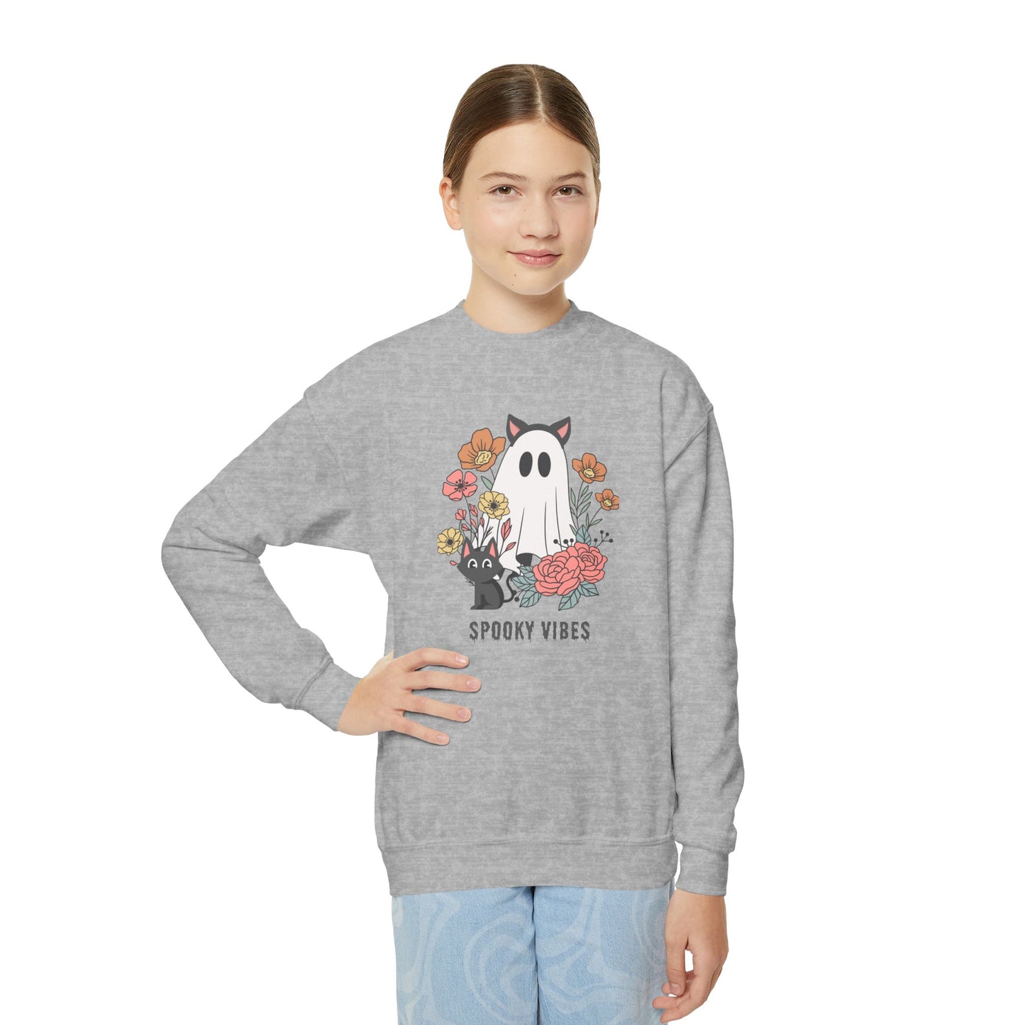 Spooky Vibes Youth Crewneck Sweatshirt - Cozy Halloween Sweater, Cute Ghost Design, Perfect for Fall, Kids' Halloween Gift, Everyday Wear