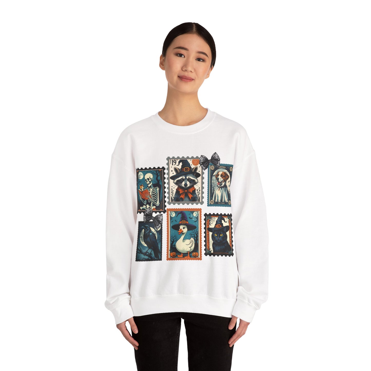 Vintage-Inspired Crewneck Sweatshirt with Spooky Stamp Design, Cozy Fall Apparel, Halloween Fashion, Unisex Sweatshirt, Quirky Gift Idea
