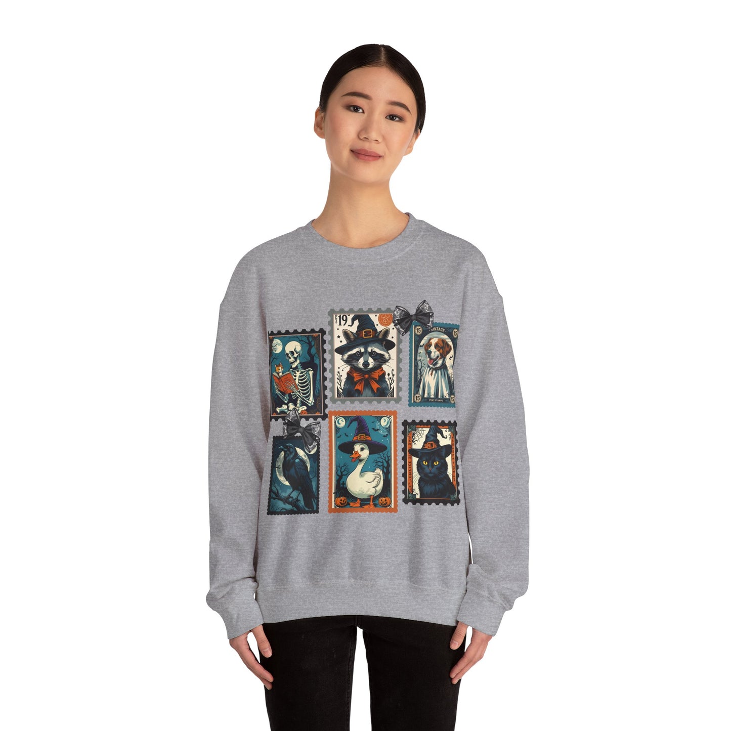 Vintage-Inspired Crewneck Sweatshirt with Spooky Stamp Design, Cozy Fall Apparel, Halloween Fashion, Unisex Sweatshirt, Quirky Gift Idea
