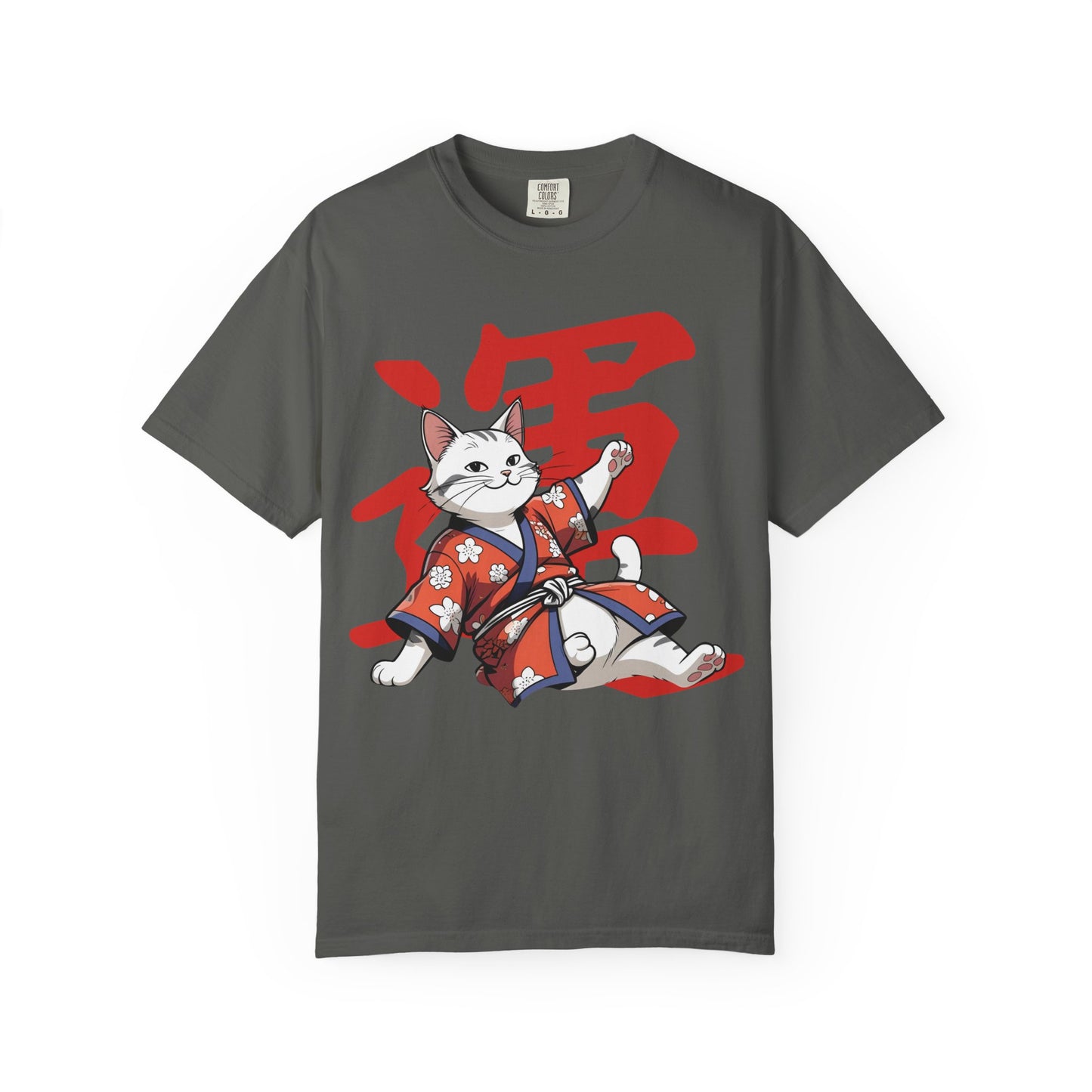 Lucky Cat T-Shirt, Garment-Dyed Tee, Cute Cat Apparel, Japanese Style Shirt, Cat Lover Gift, Casual Wear