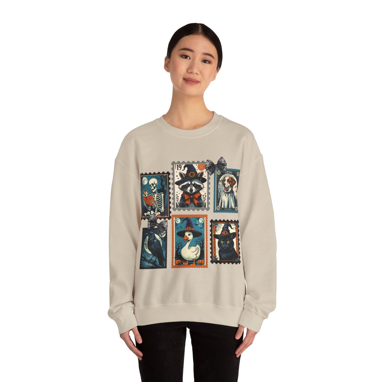 Vintage-Inspired Crewneck Sweatshirt with Spooky Stamp Design, Cozy Fall Apparel, Halloween Fashion, Unisex Sweatshirt, Quirky Gift Idea